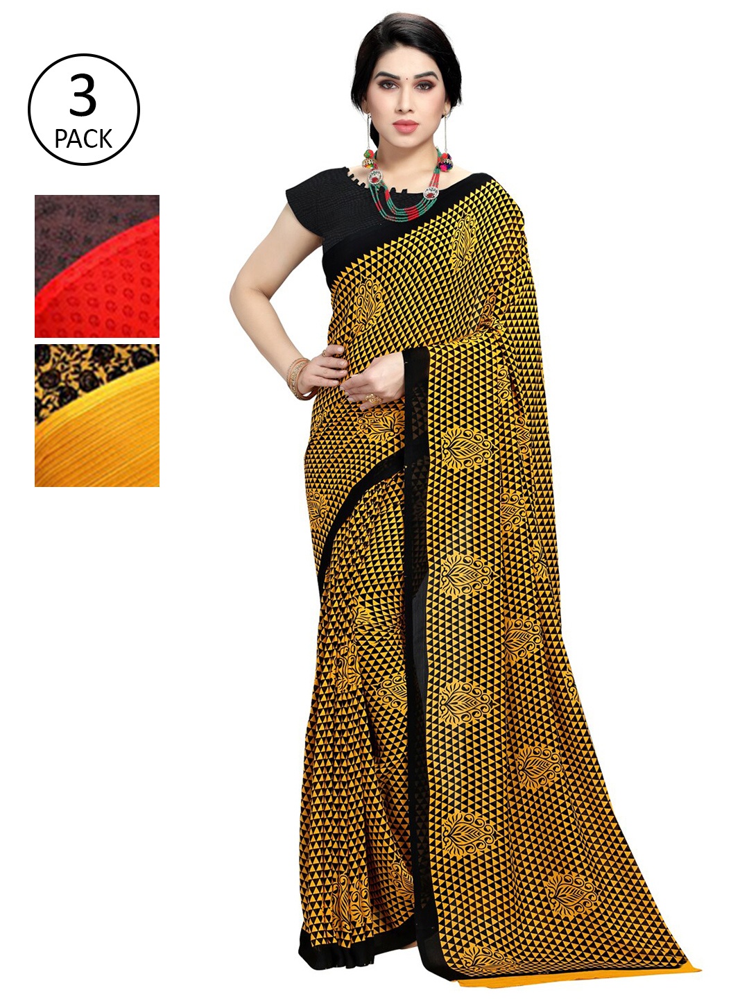 

KALINI Pack of 3 Poly Georgette Saree, Yellow