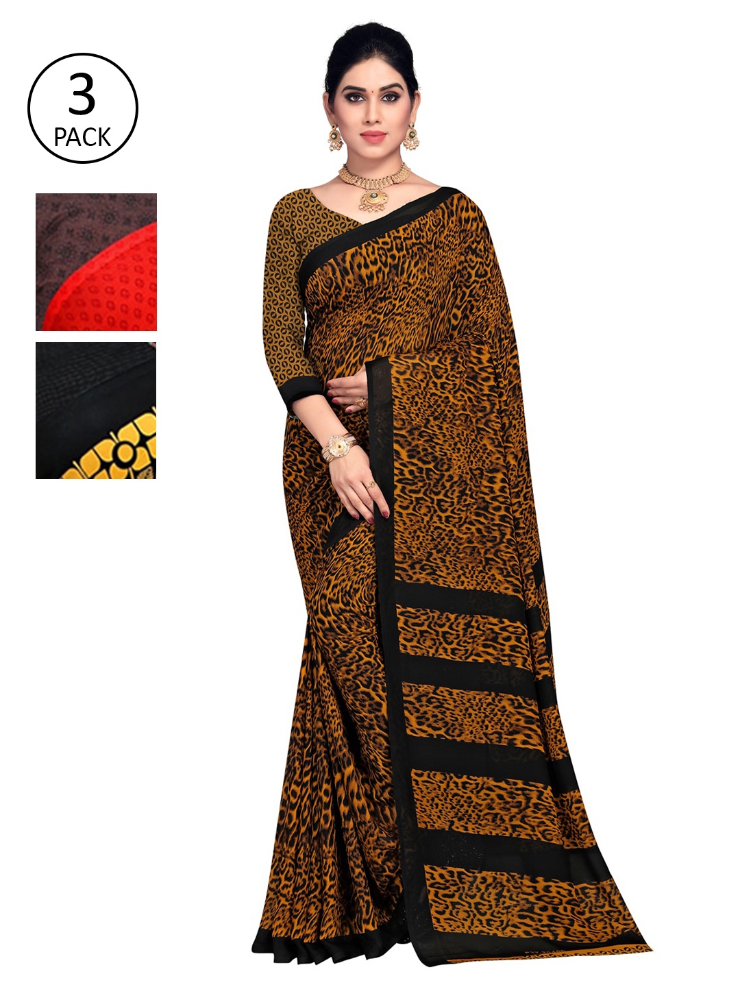 

KALINI Pack Of 3 Orange & Yellow Floral Saree