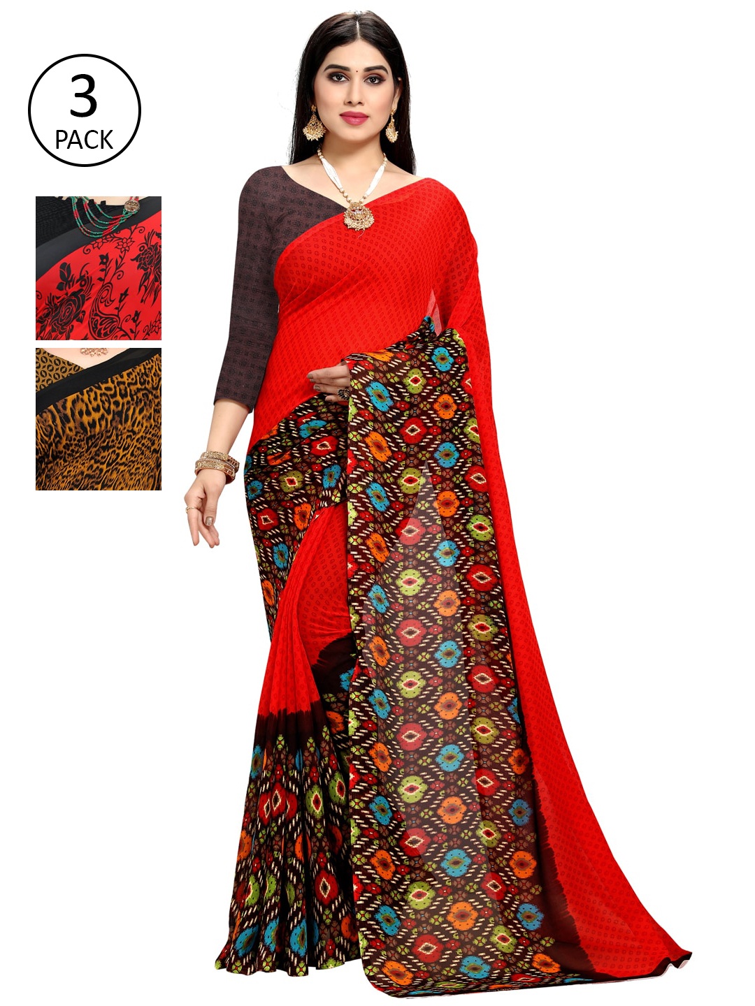 

KALINI Pack of 3 Printed Saree, Khaki