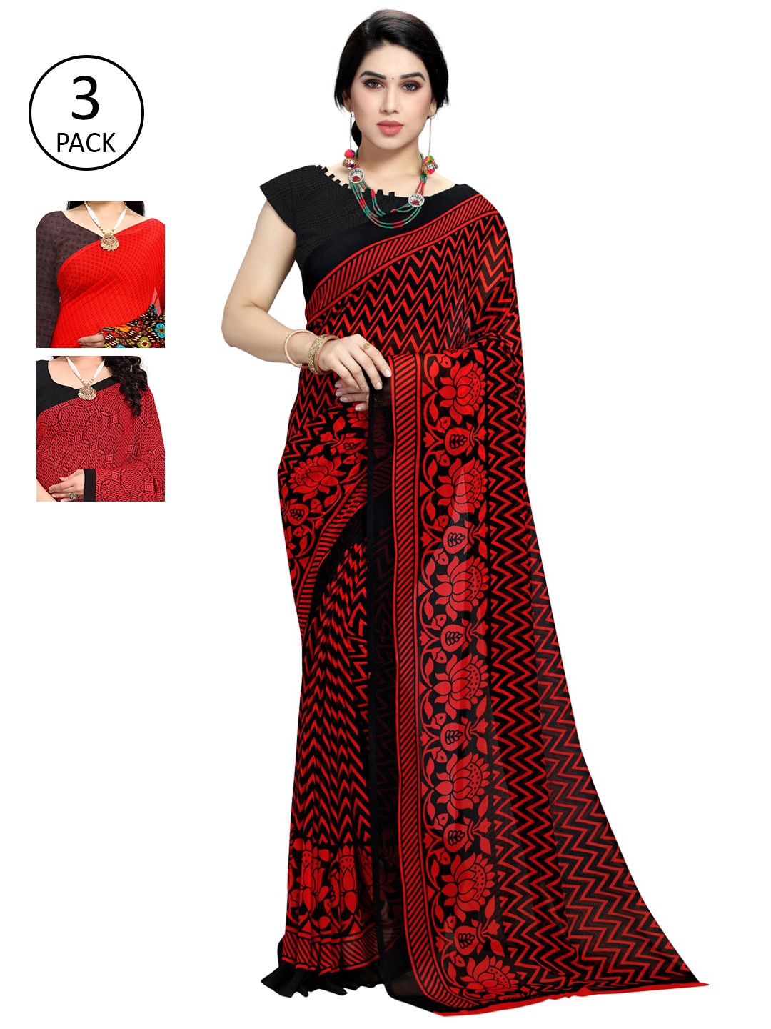 

KALINI Pack of 3 Printed Sarees, Red