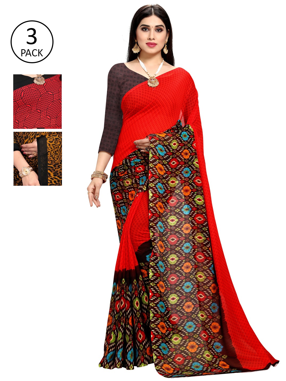 

KALINI Set Of 3 Printed Sarees, Red