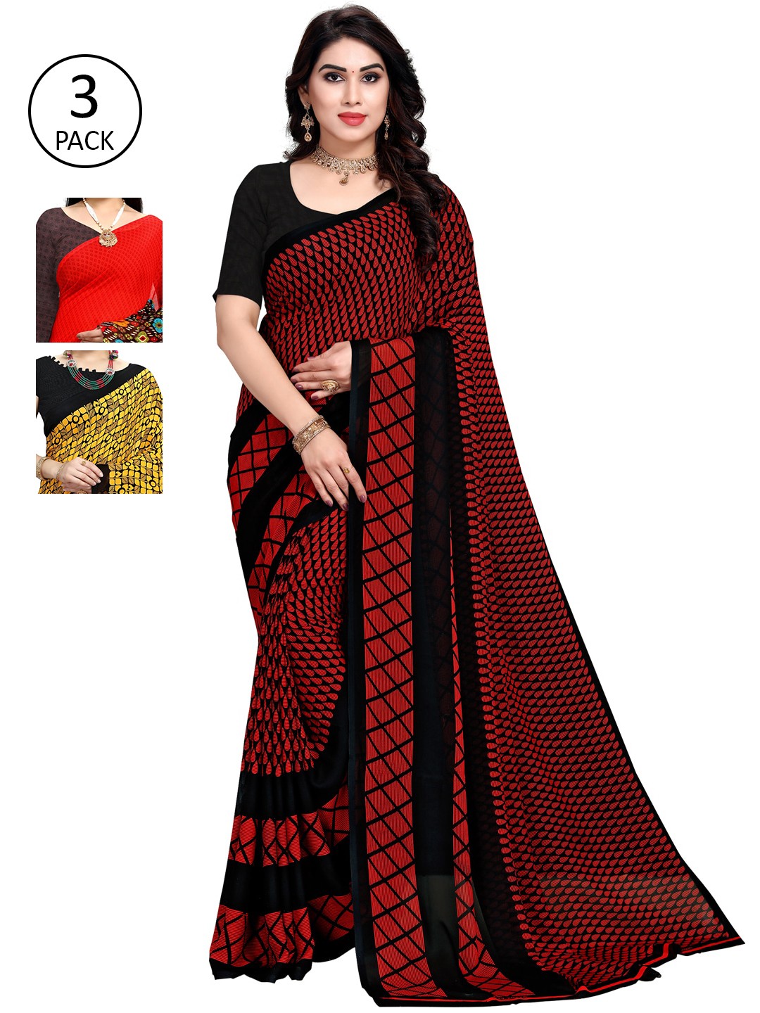 

KALINI Pack of 3 Printed Sarees, Red