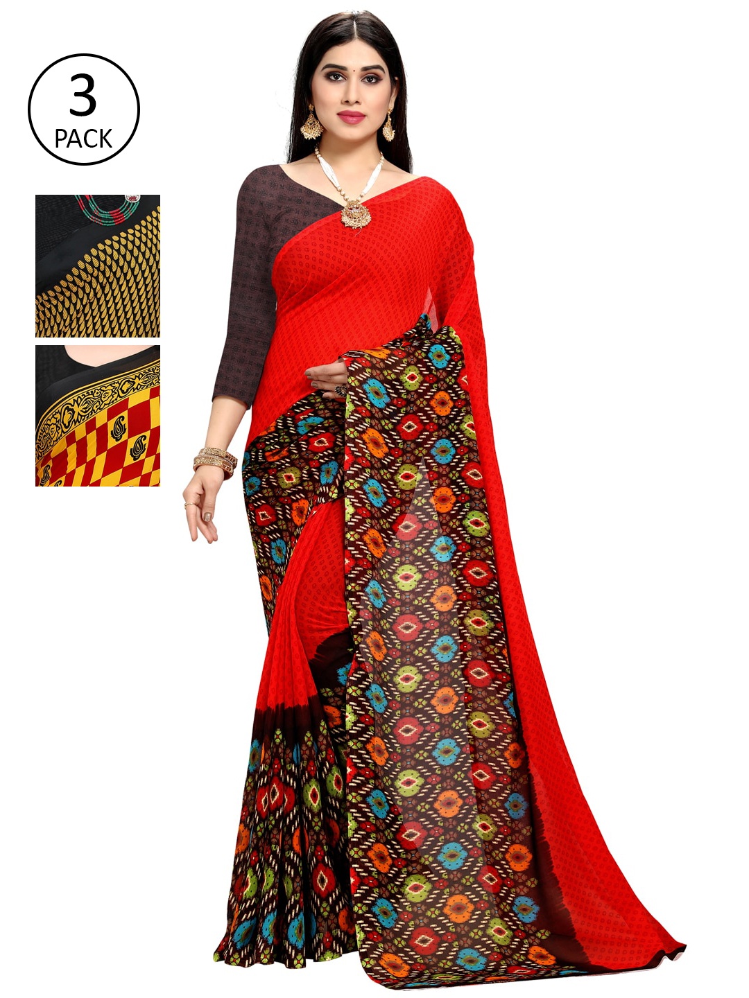 

KALINI Pack Of 3 Printed Poly Georgette Sarees, Yellow