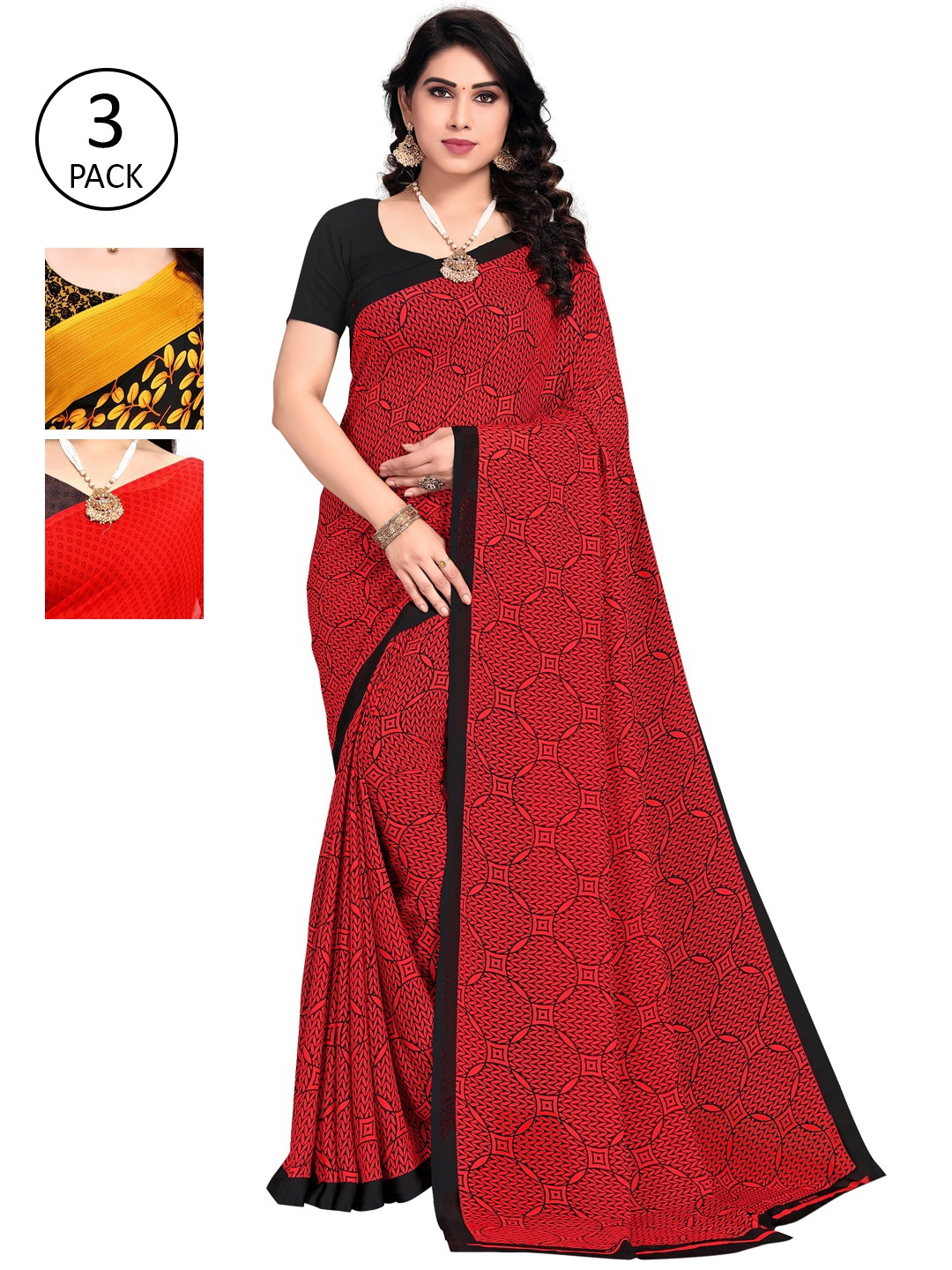 KALINI Pack of 3 Printed Sarees, Orange