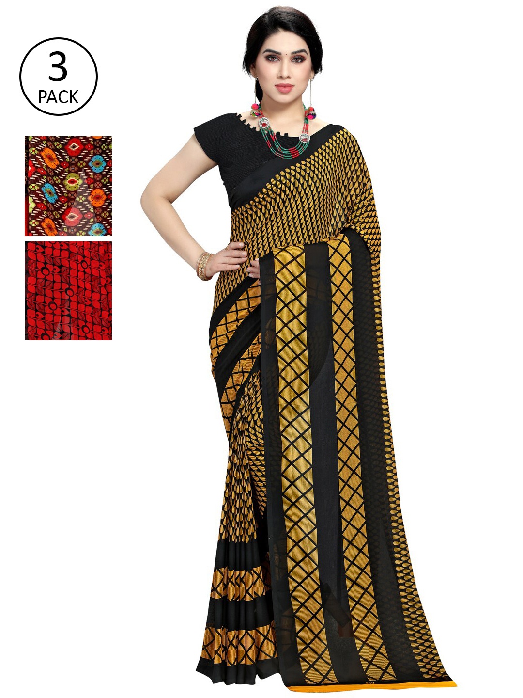 

KALINI Pack Of 3 Printed Saree, Red