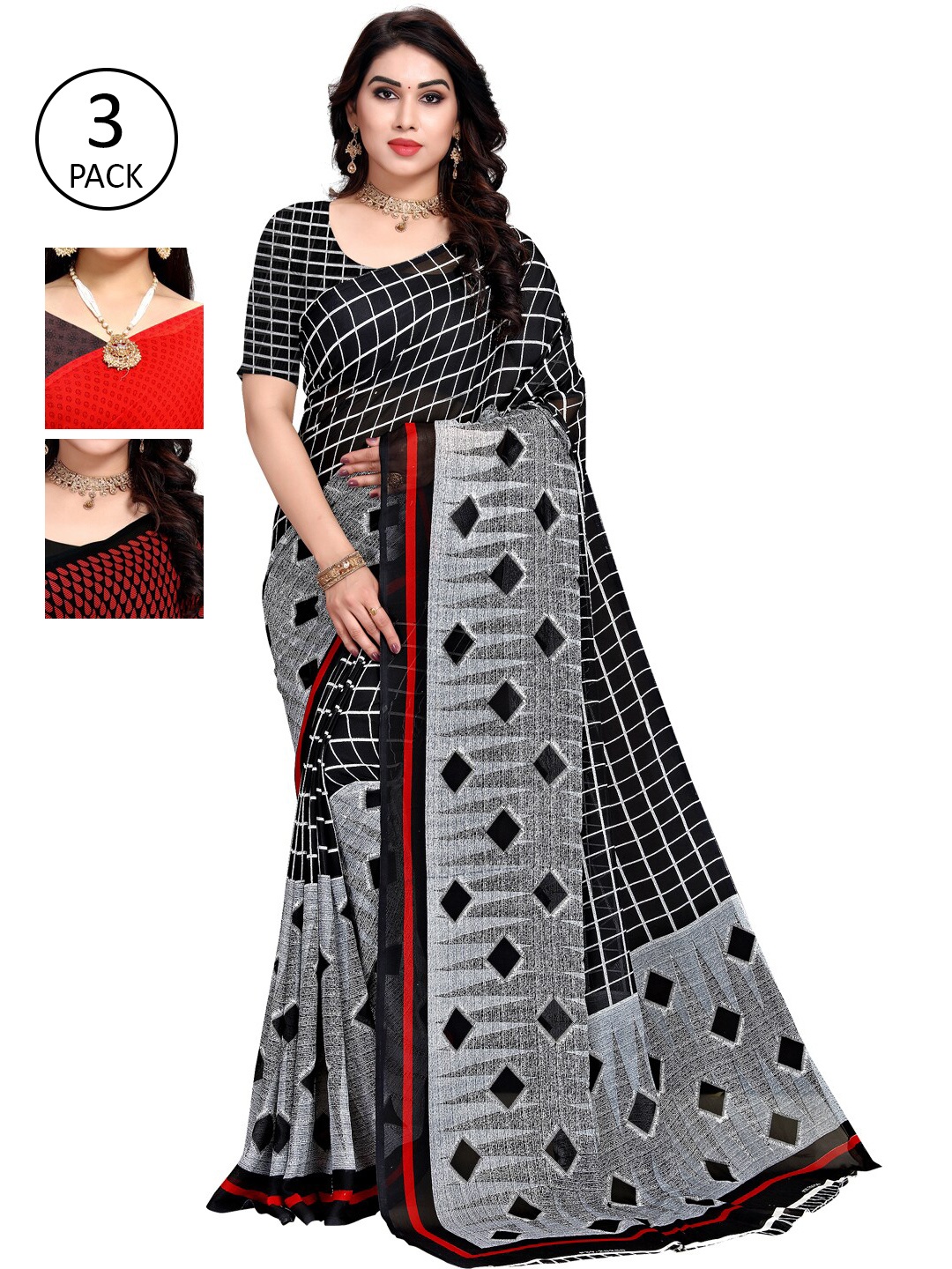 

KALINI Pack Of 3 Printed Sarees, Red