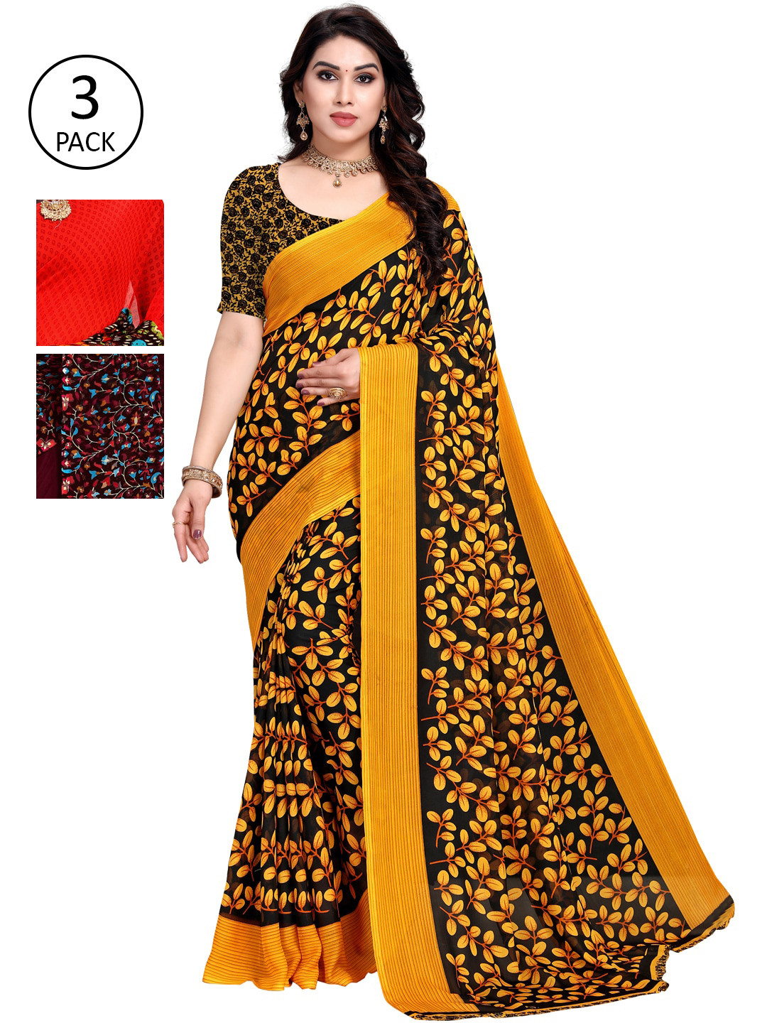 

KALINI Pack of 3 Poly Georgette Saree, Orange