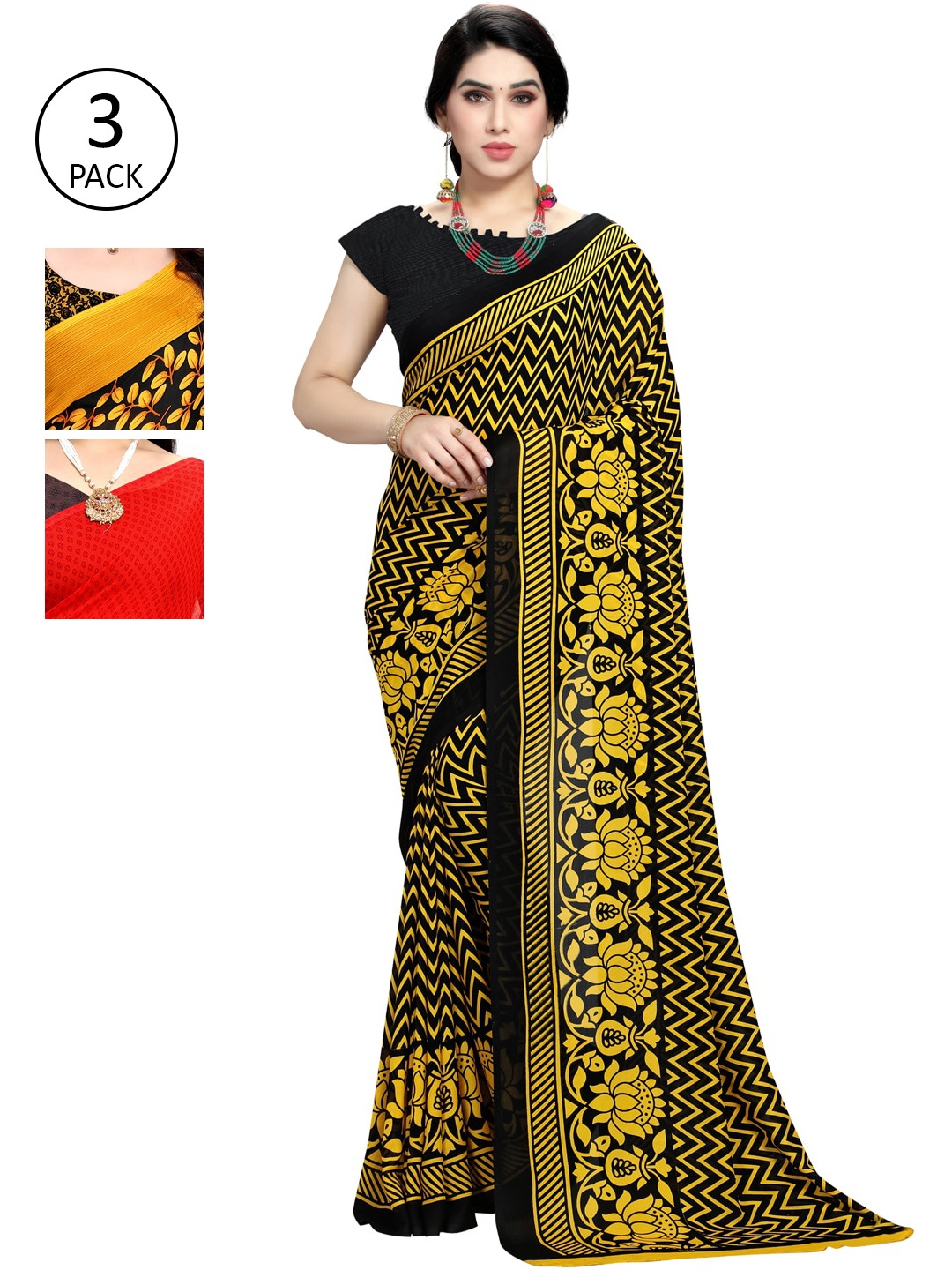 

KALINI Pack of 3 Printed Sarees, Yellow