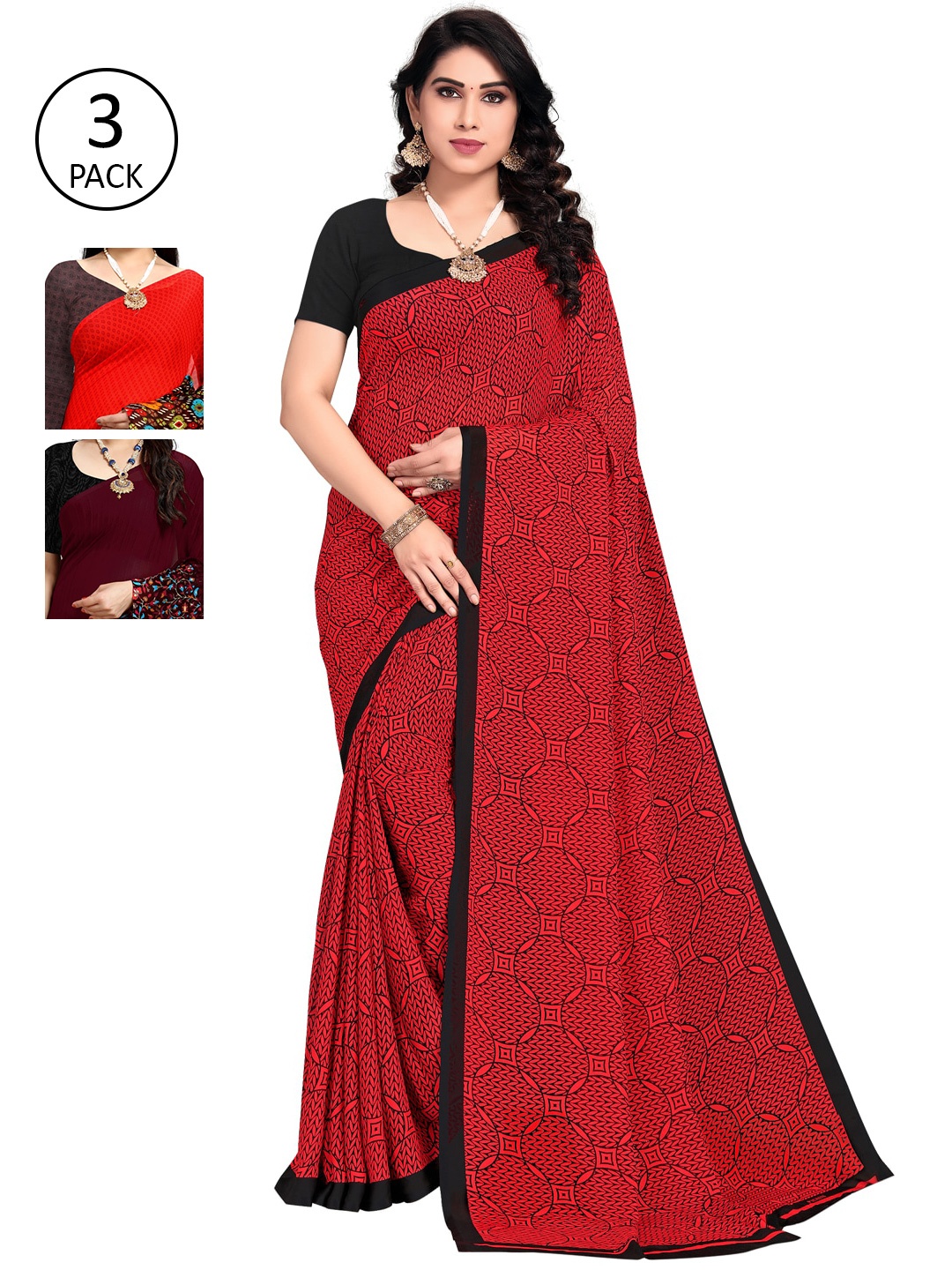 

KALINI Pack Of 3 Red & Burgundy Floral Poly Georgette Sarees