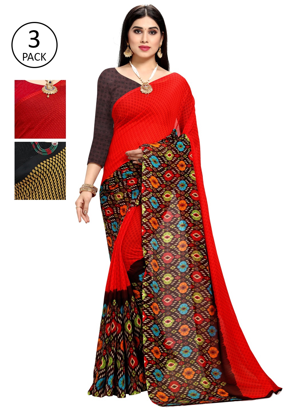 

KALINI Pack of 3 Printed Sarees, Red