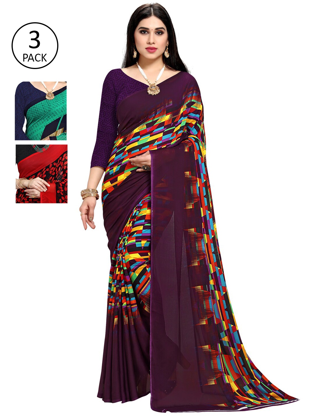

KALINI Pack Of 3 Multicoloured Poly Georgette Sarees, Multi