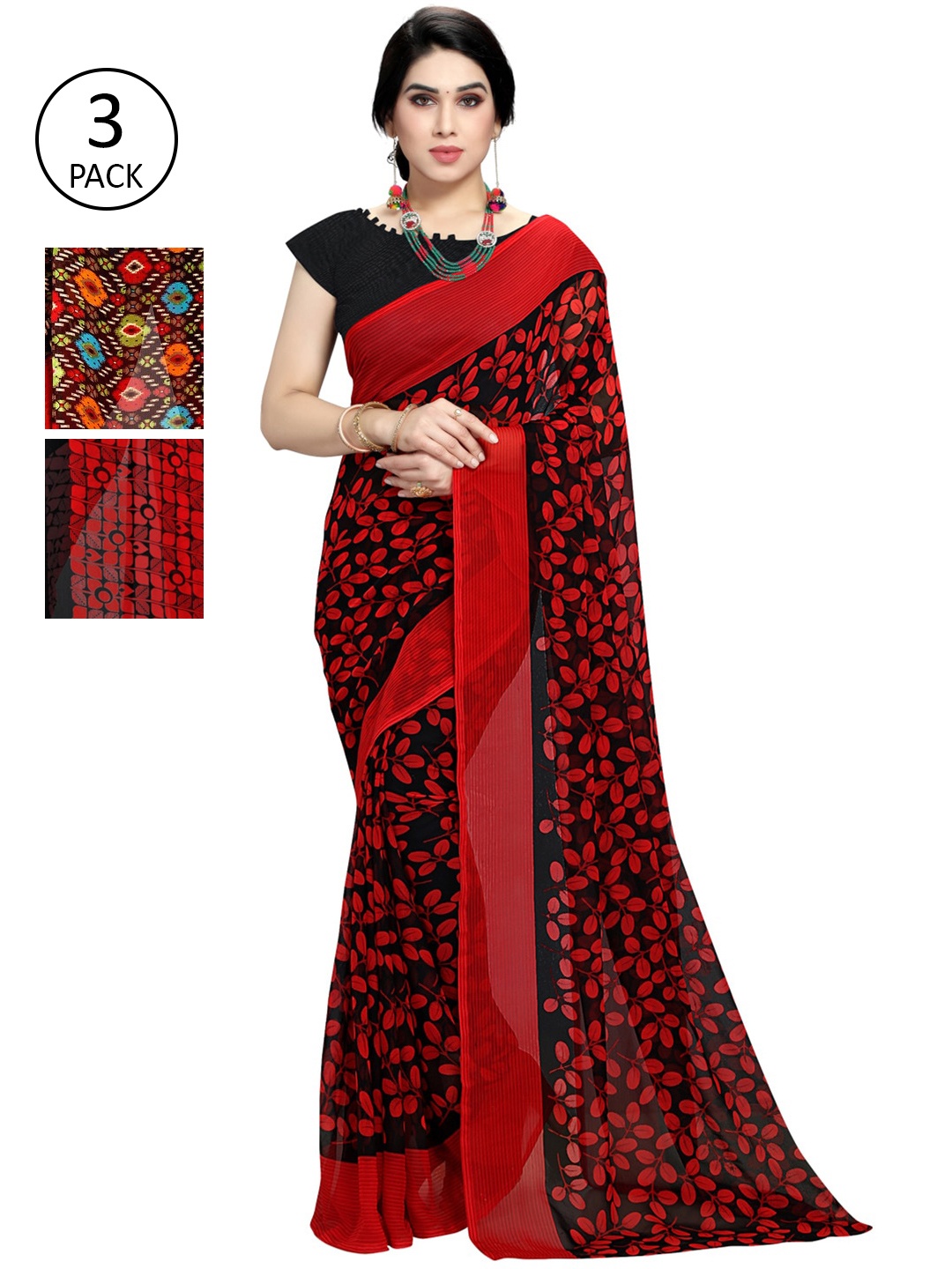 

KALINI Pack Of 3 Printed Sarees, Red
