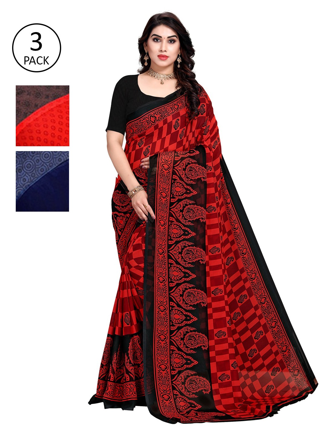 

KALINI Pack Of 3 Red & Blue Saree