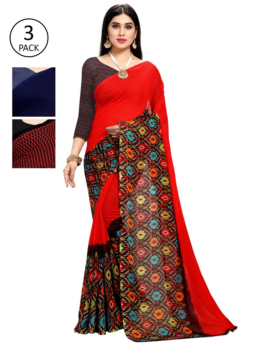 

KALINI Pack Of 3 Red & Navy Blue Saree