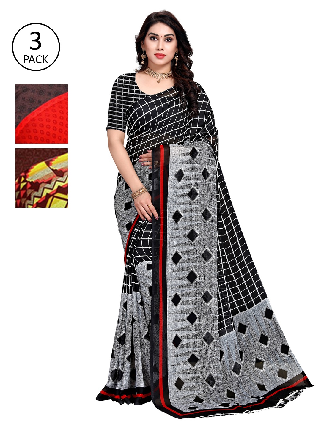 

KALINI Pack of 3 Poly Georgette Saree, Red