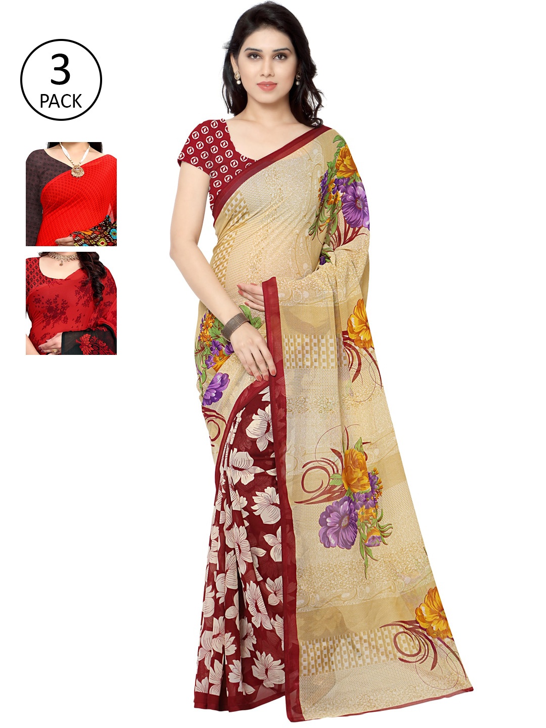 

KALINI Pack Of 3 Red & Black Floral Printed Sarees