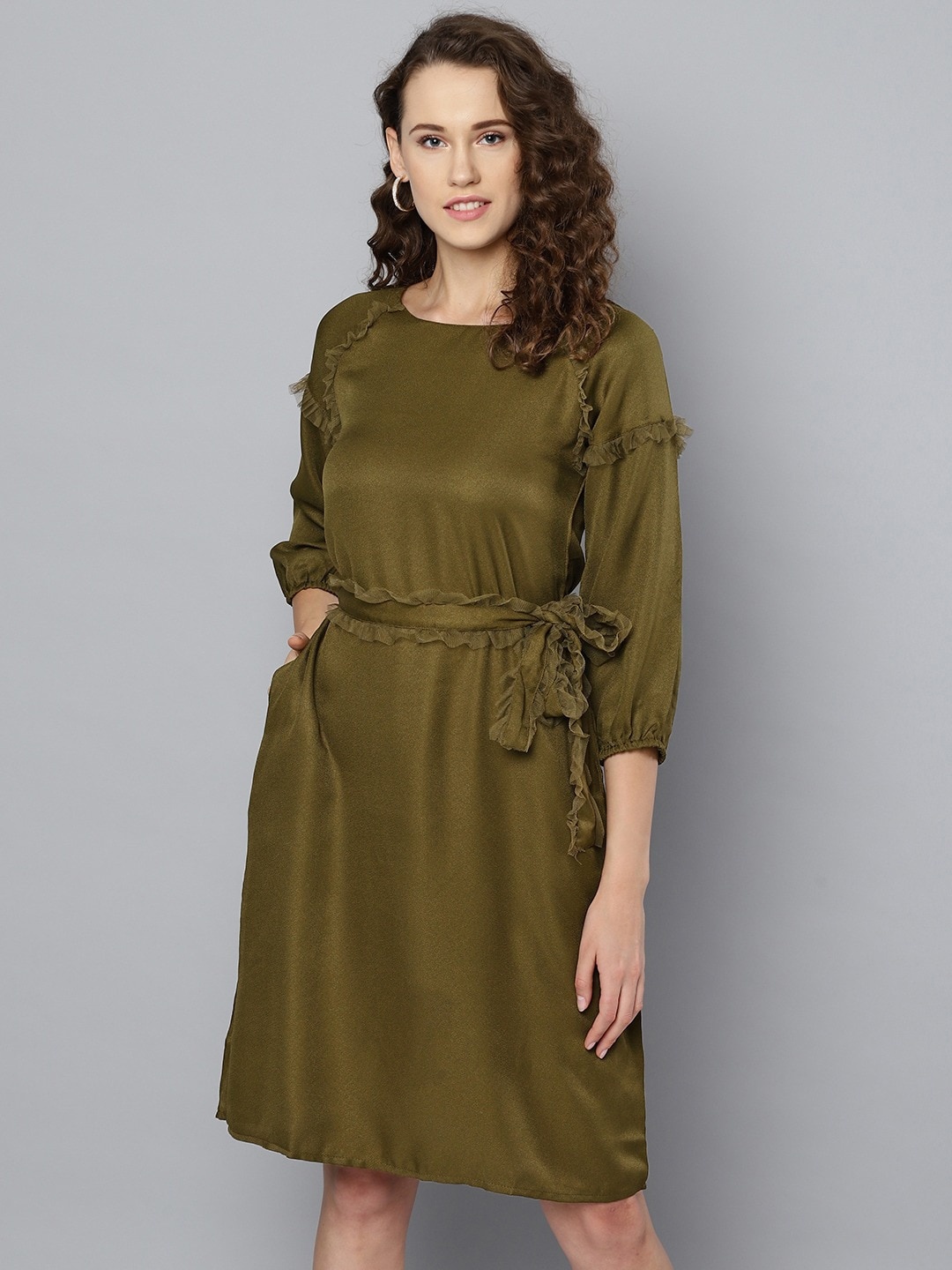 

Marie Claire Women Green Solid Round Neck A-Line Dress