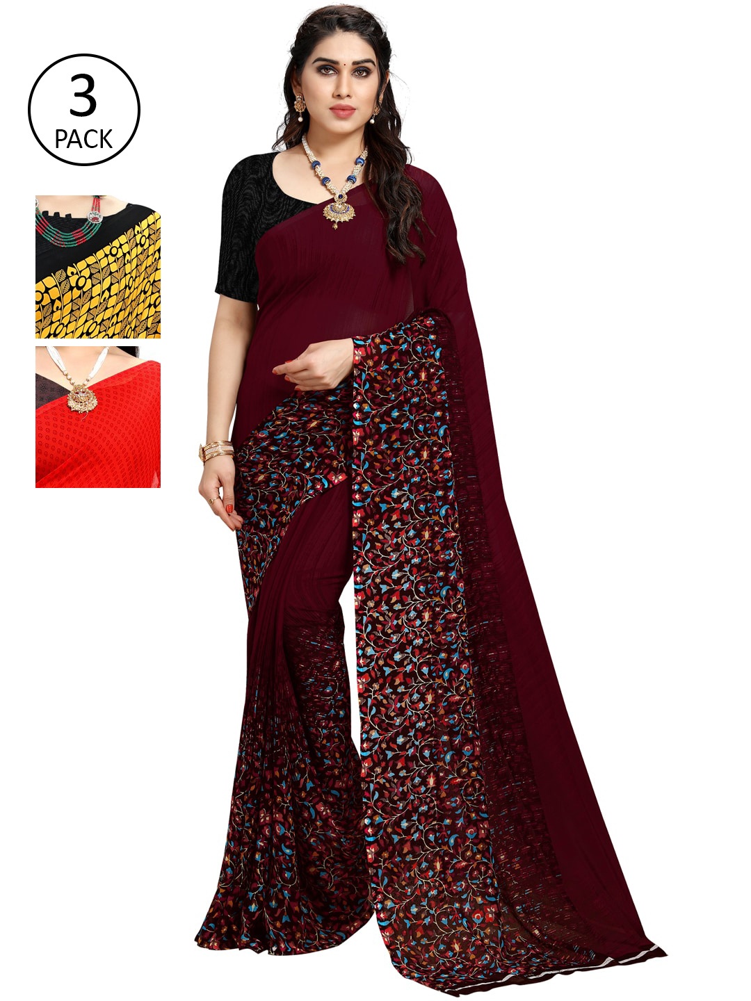 

KALINI Set-3 Orange & Yellow Floral Saree