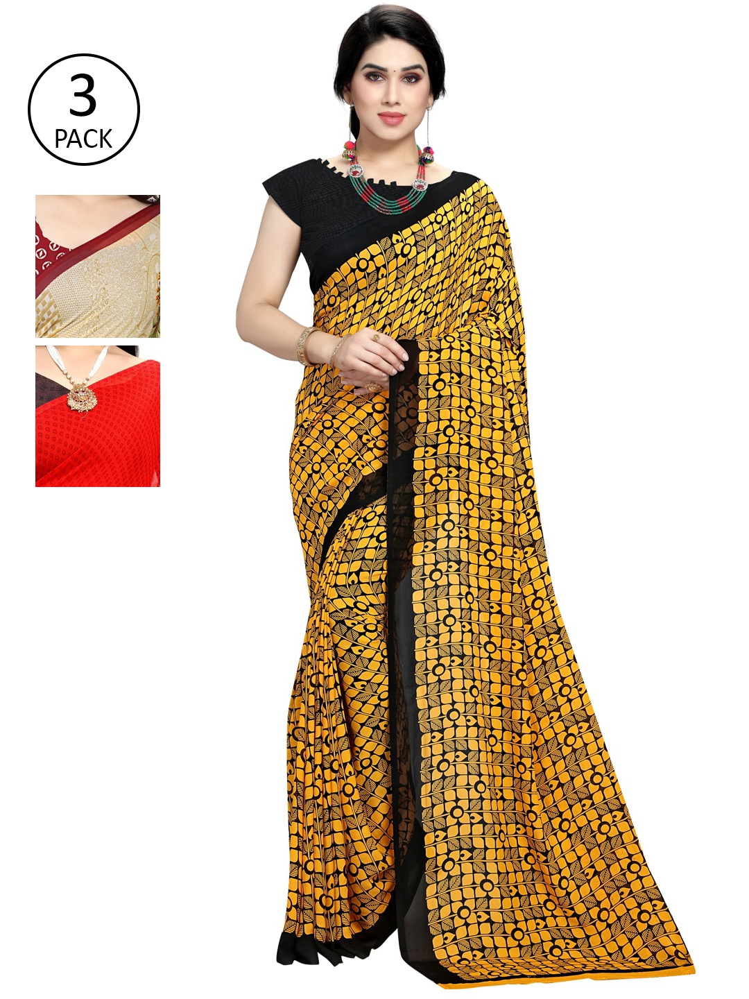 KALINI Pack Of 3 Printed Sarees, Yellow