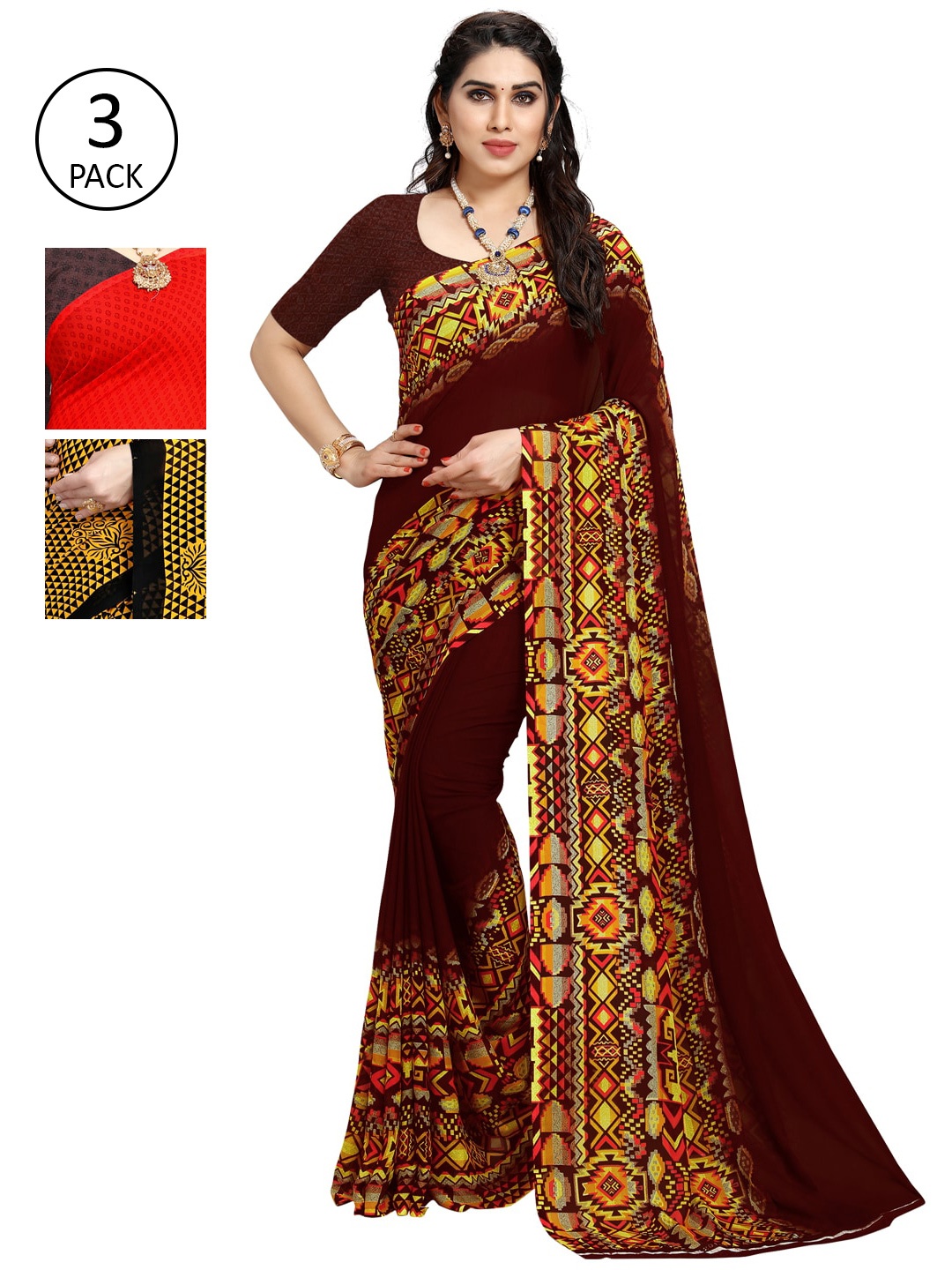 

KALINI Pack Of 3 Printed Sarees, Maroon