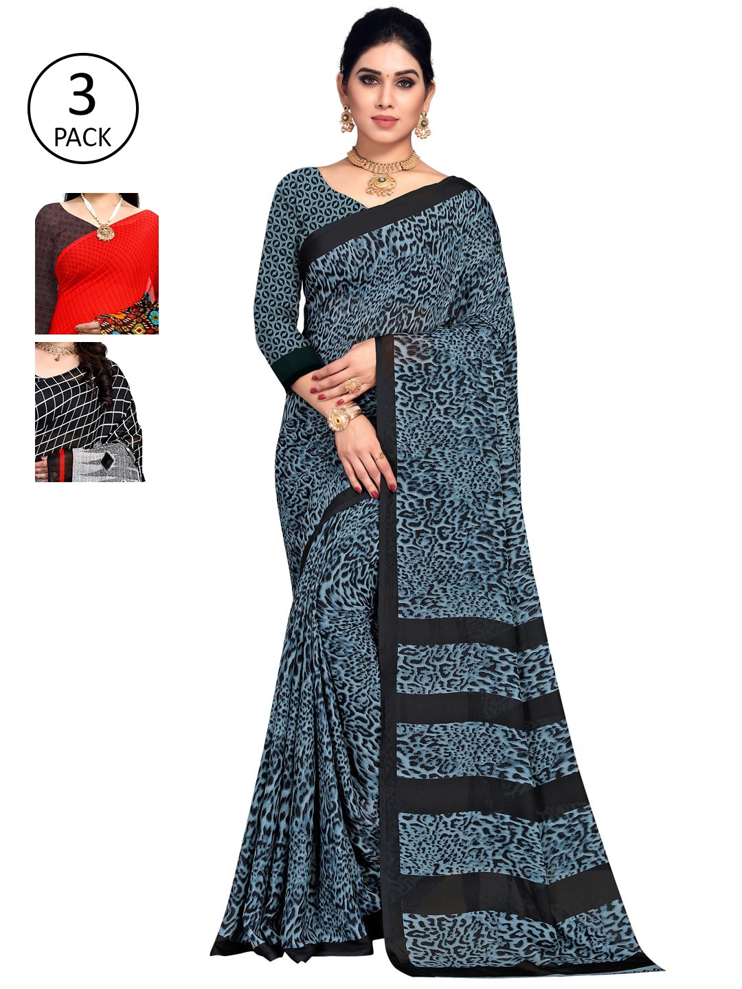 

KALINI Pack of 3 Printed Sarees, Grey
