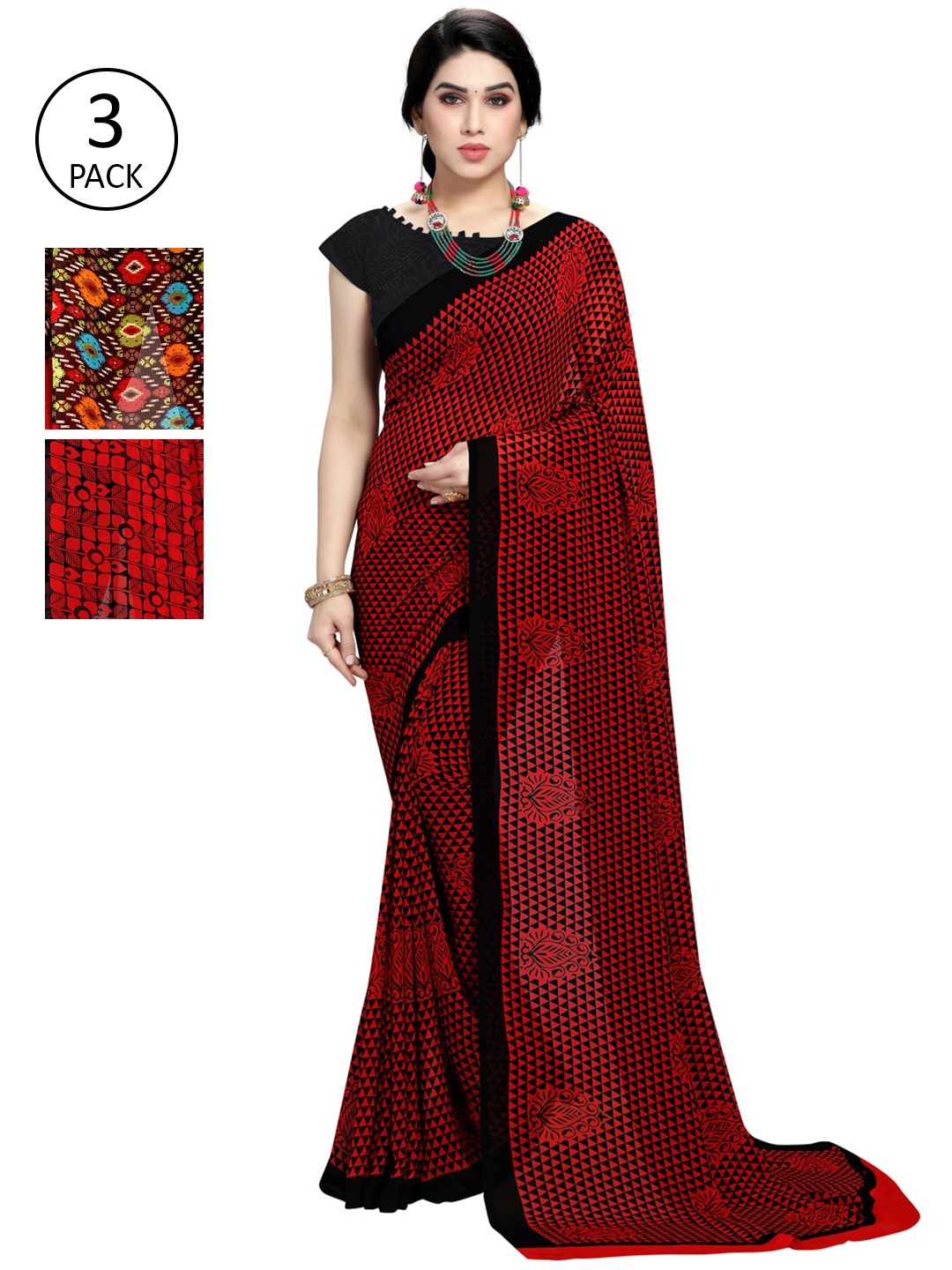 

KALINI Pack Of 3 Printed Poly Georgette Saree, Red