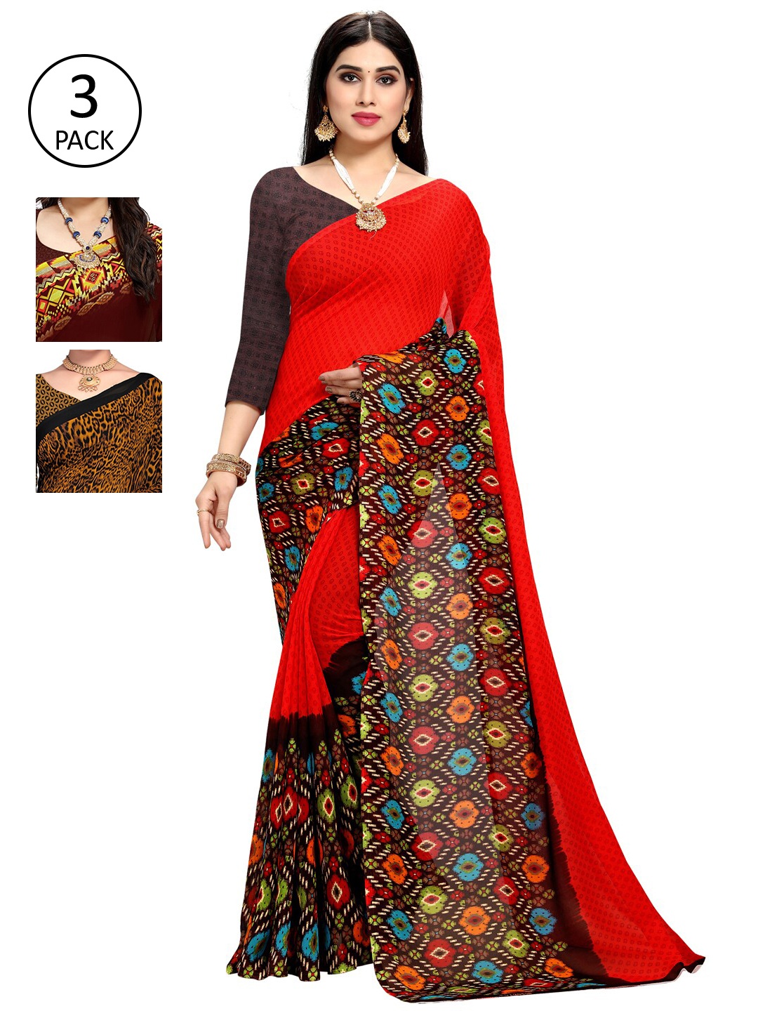 

KALINI Set Of 3 Printed Sarees, Orange
