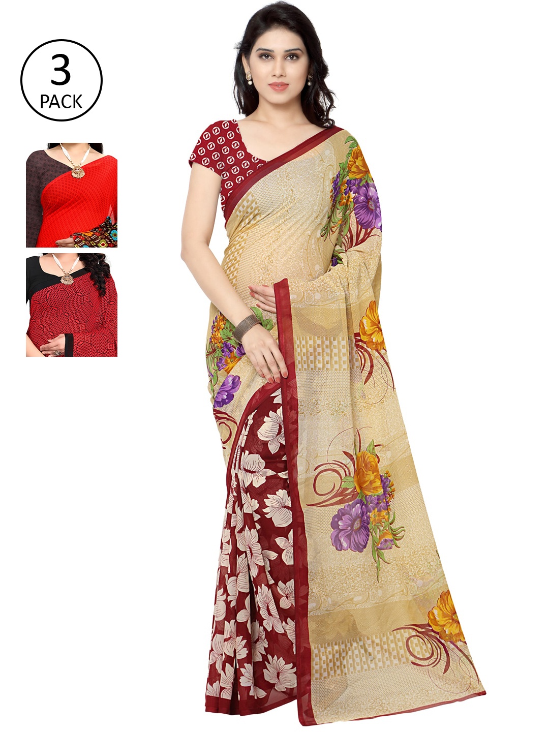 

KALINI Pack Of 3 Printed Sarees, Beige