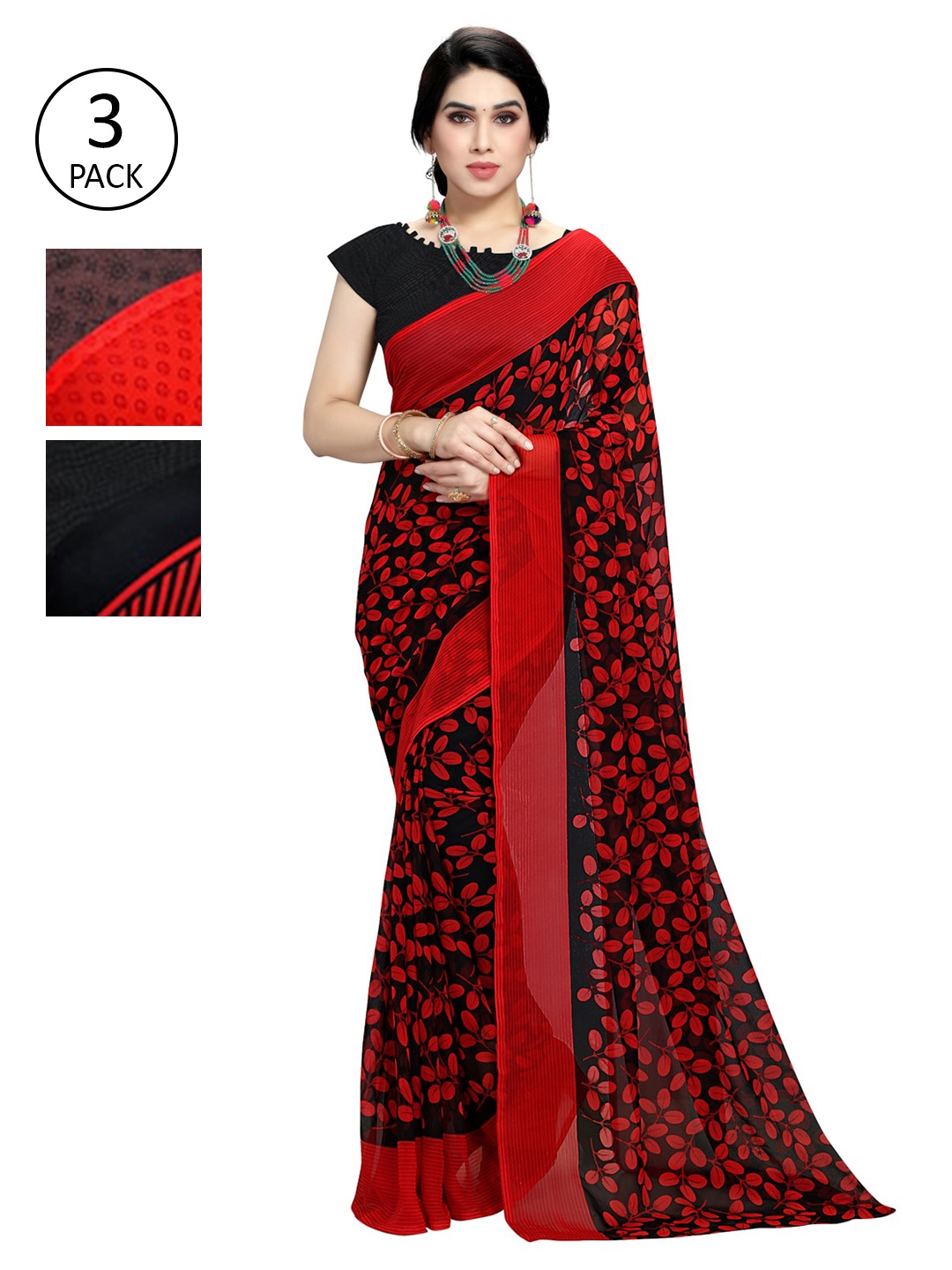 

KALINI Pack Of 3 Red & Black Poly Georgette Sarees