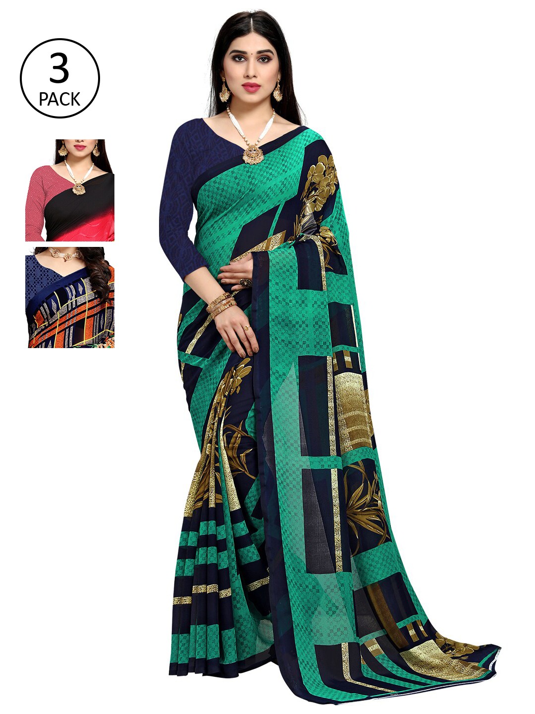 

KALINI Pack Of 3 Printed Sarees, Green