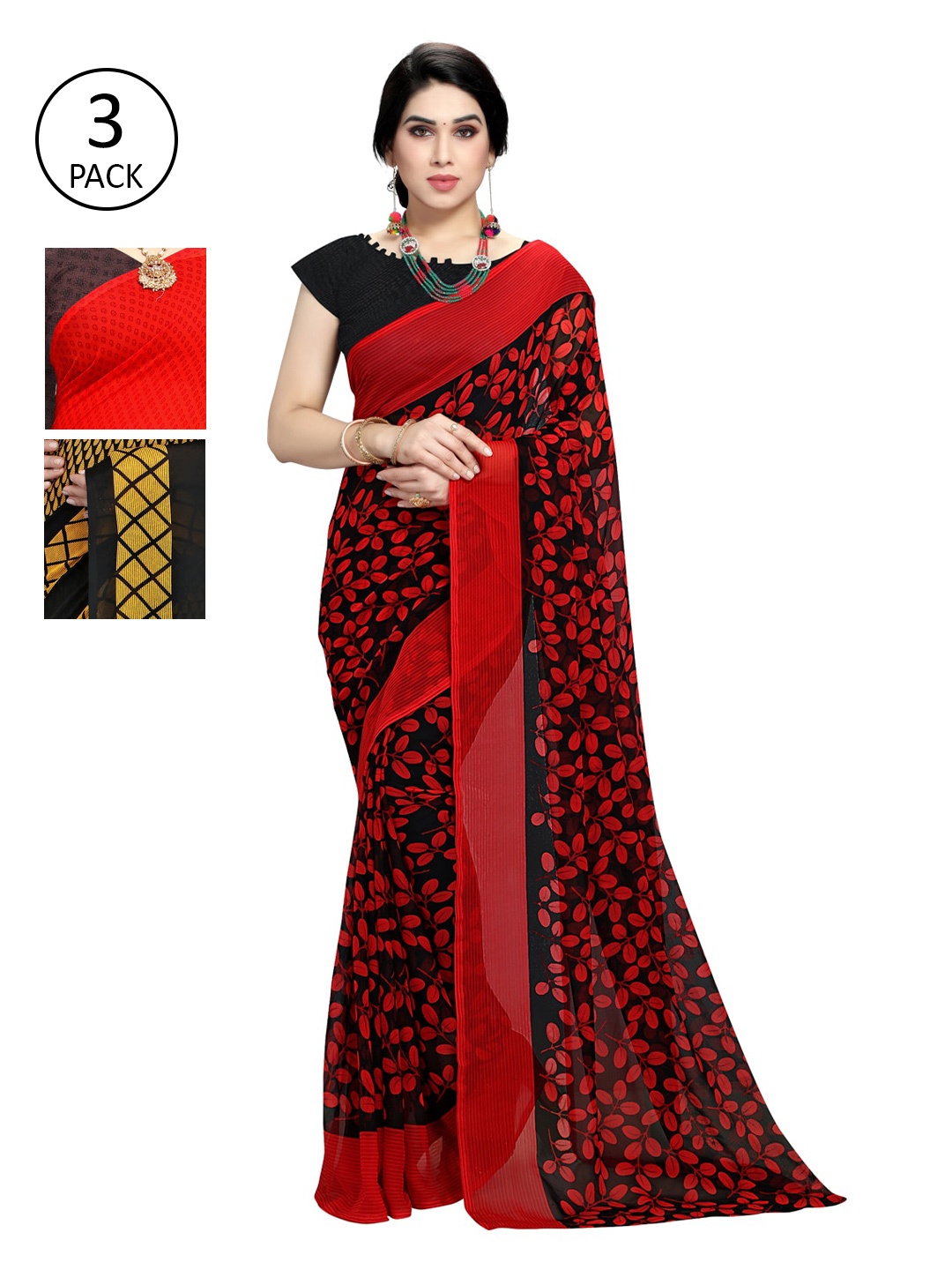 

KALINI Set-3 Red & Orange Floral Saree