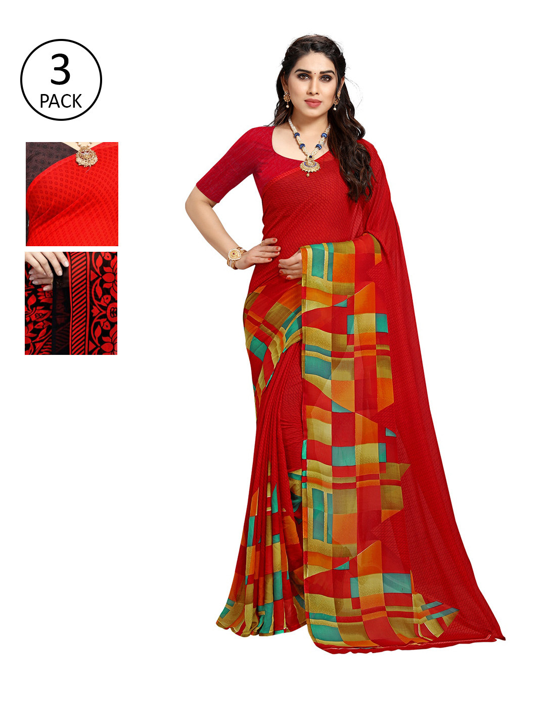 

KALINI Set Of 3 Printed Sarees, Orange