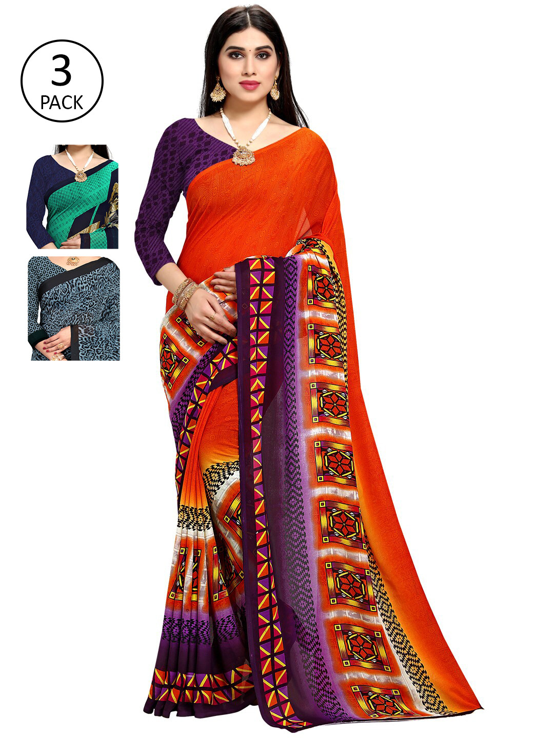 

KALINI Pack of 3 Printed Saree, Orange