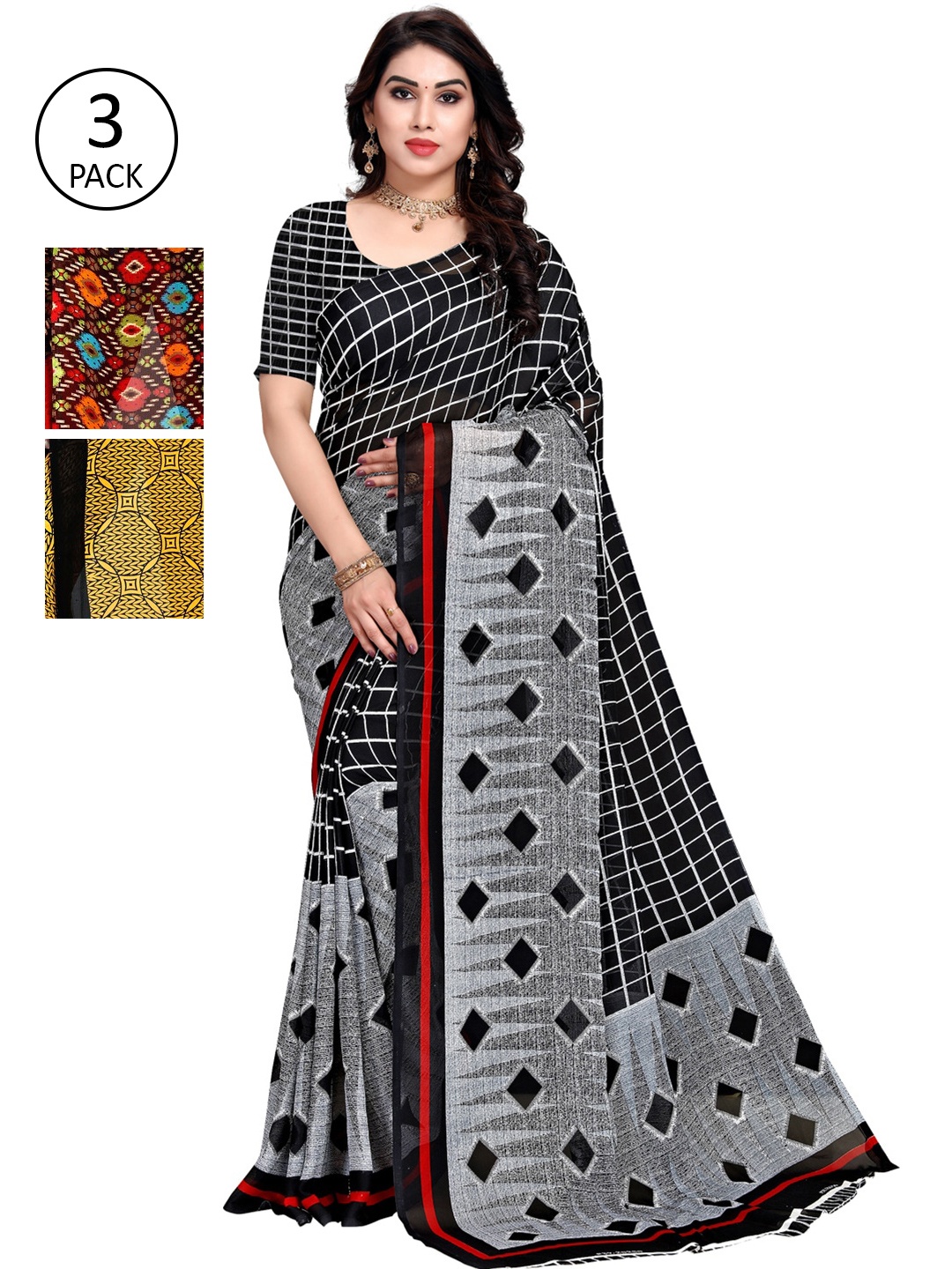 

KALINI Pack Of 3 Printed Poly Georgette Sarees, Yellow