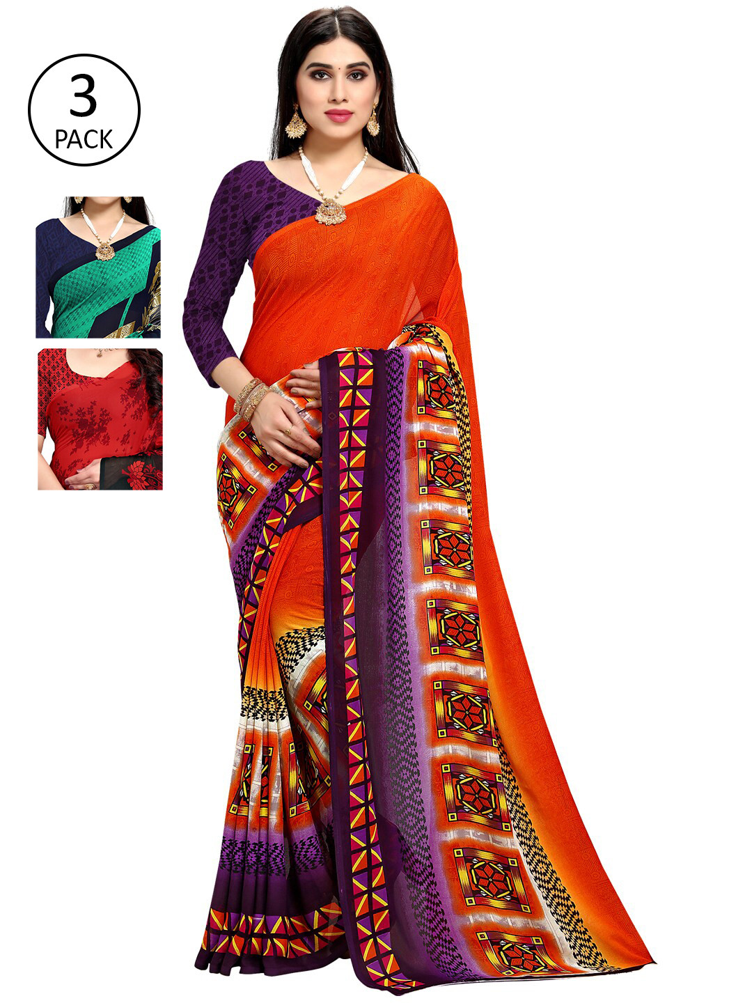 

KALINI Pack of 3 Printed Sarees, Green