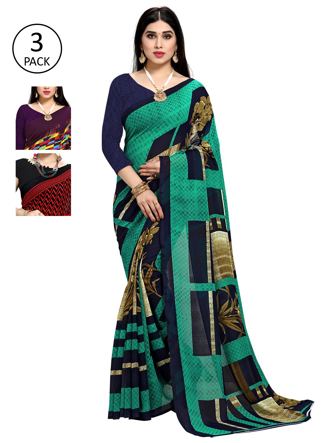 

KALINI Pack Of 3 Multicoloured Poly Georgette Sarees, Multi