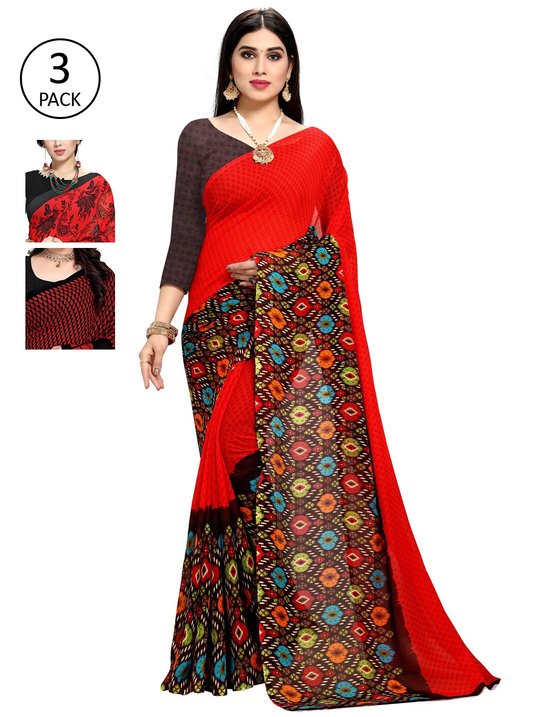 

KALINI Pack of 3 Poly Georgette Saree, Red
