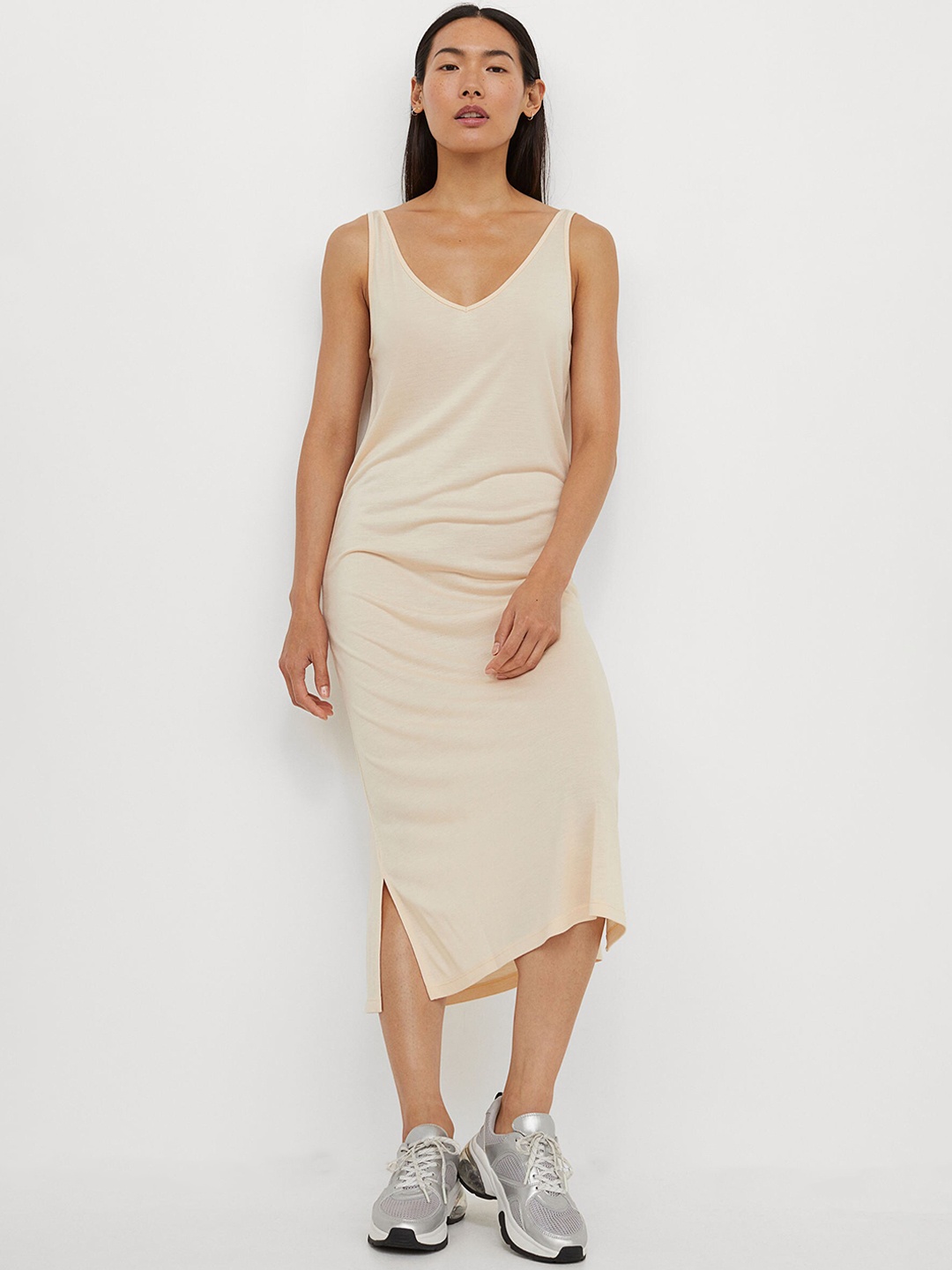 

H&M Women Beige Sleeveless Jersey Dress
