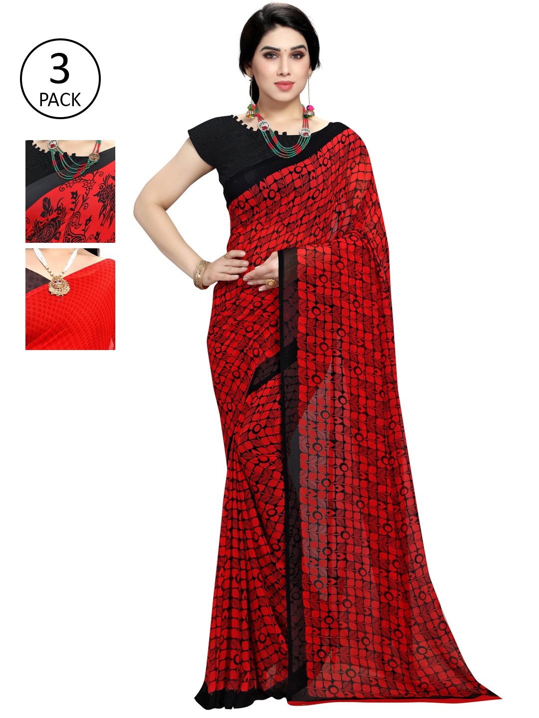 

KALINI Pack Of 3 Red & Orange Floral Saree