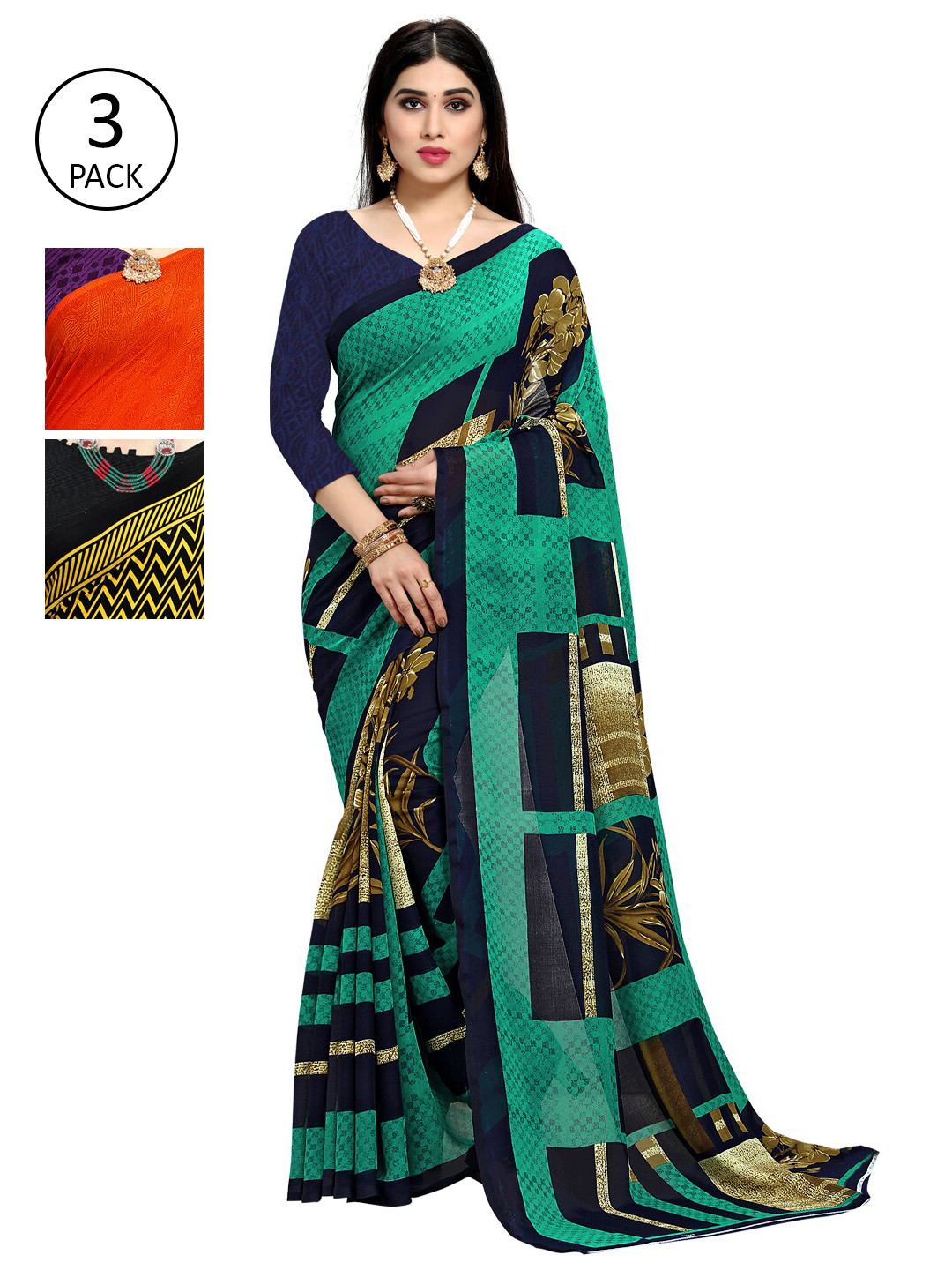 

KALINI Pack of 3 Printed Sarees, Yellow