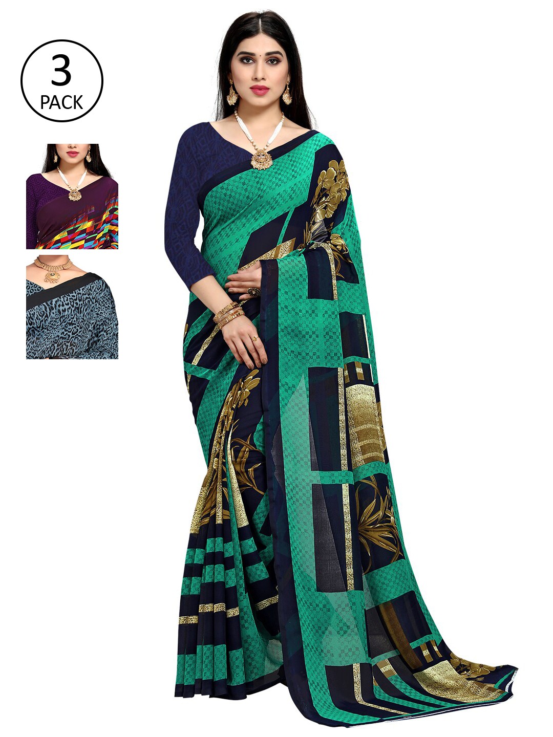 

KALINI Pack Of 3 Green & Brown Saree