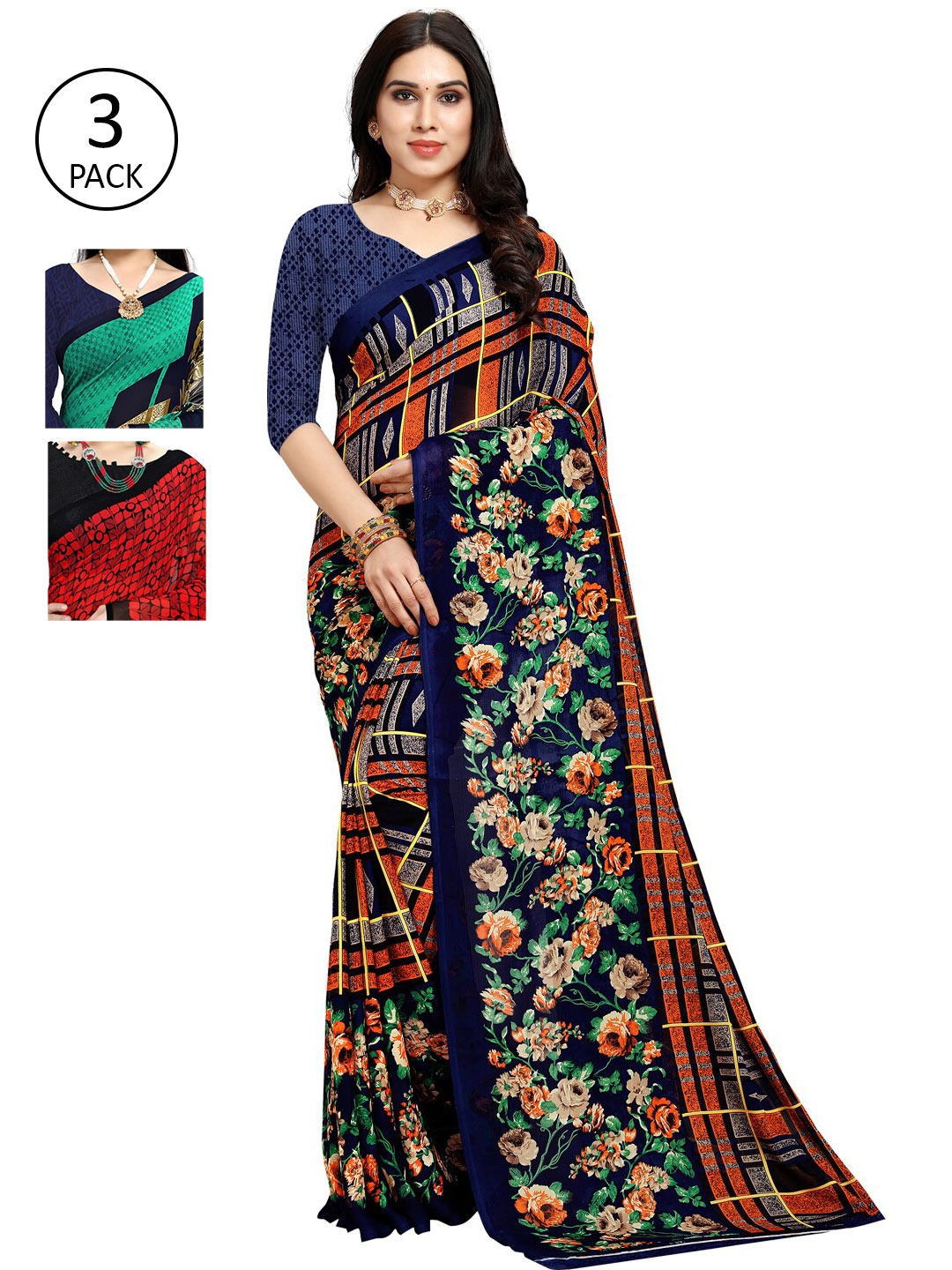 

KALINI Set Of 3 Printed Sarees, Blue