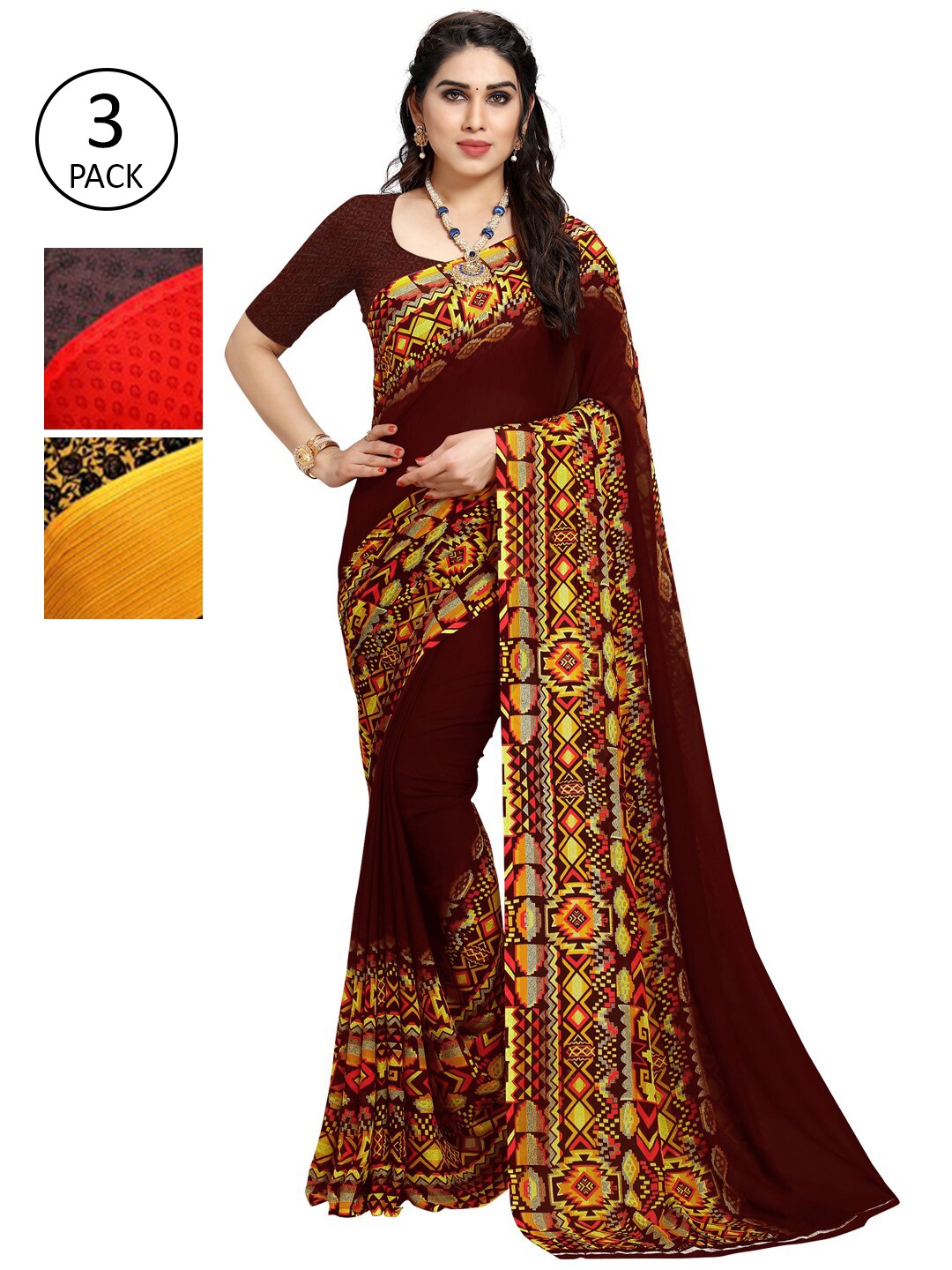 

KALINI Pack Of 3 Multicoloured Poly Georgette Sarees, Multi