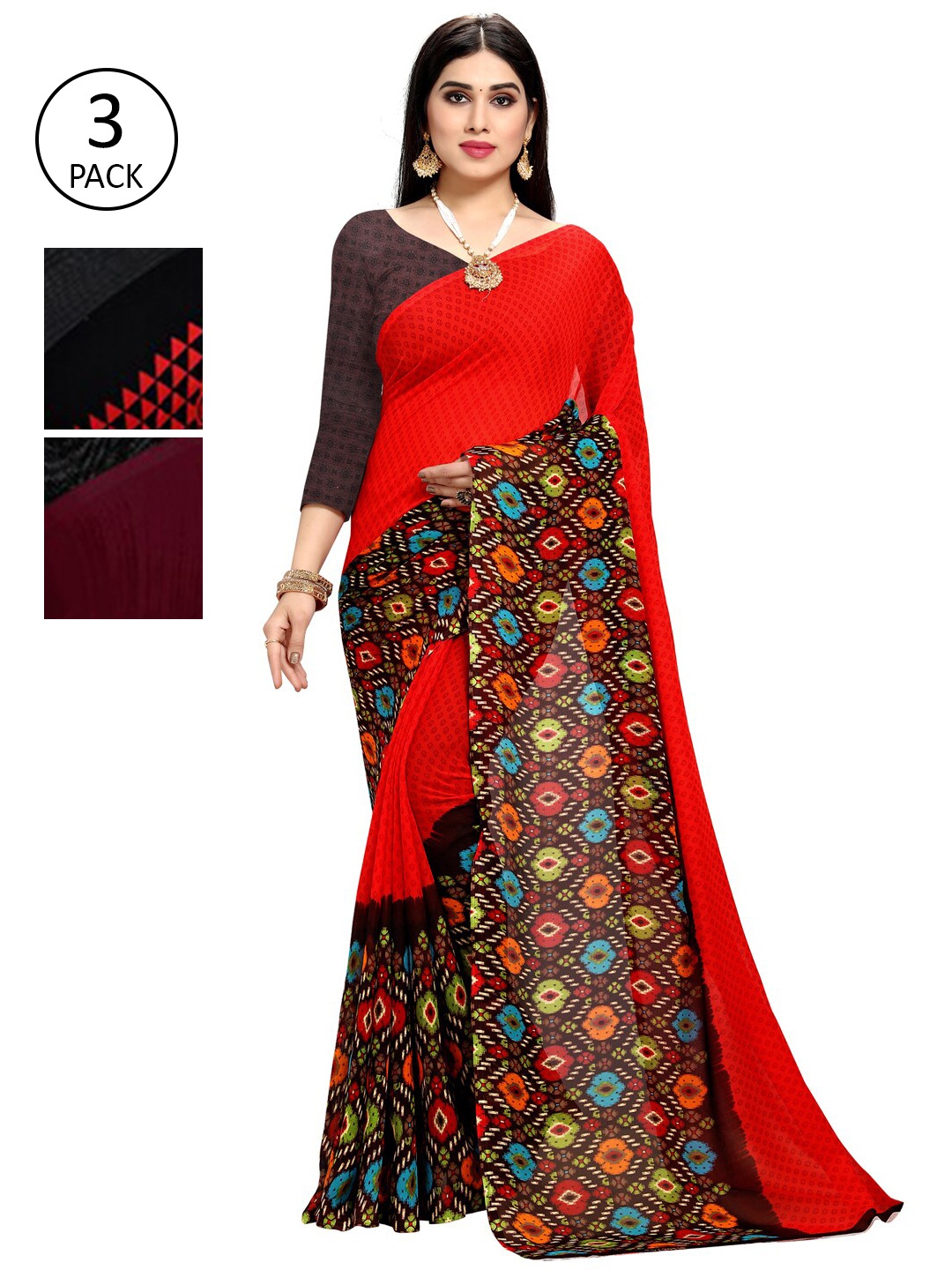 

KALINI Set-3 Red & Black Saree