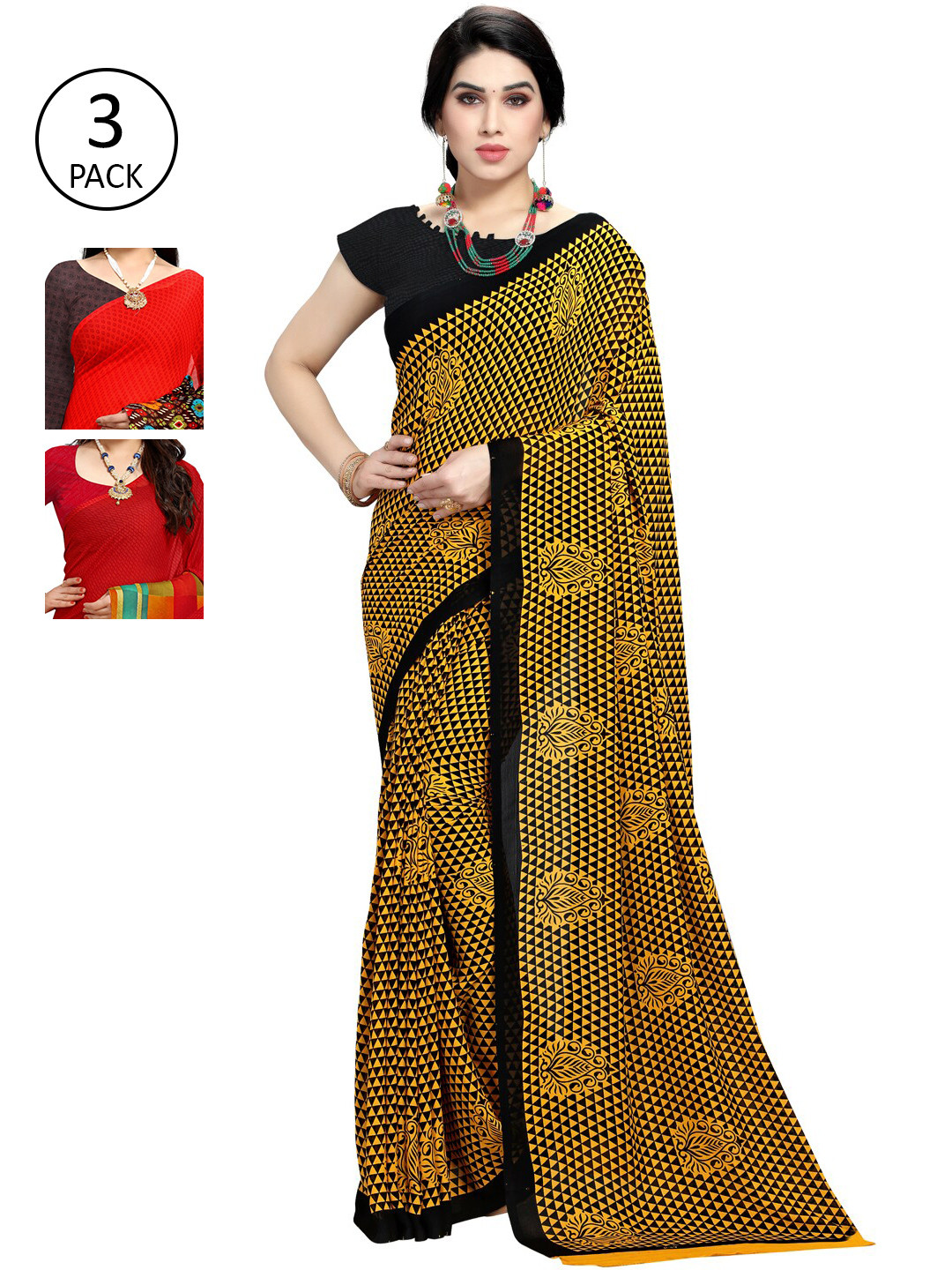

KALINI Pack Of 3 Printed Sarees, Black