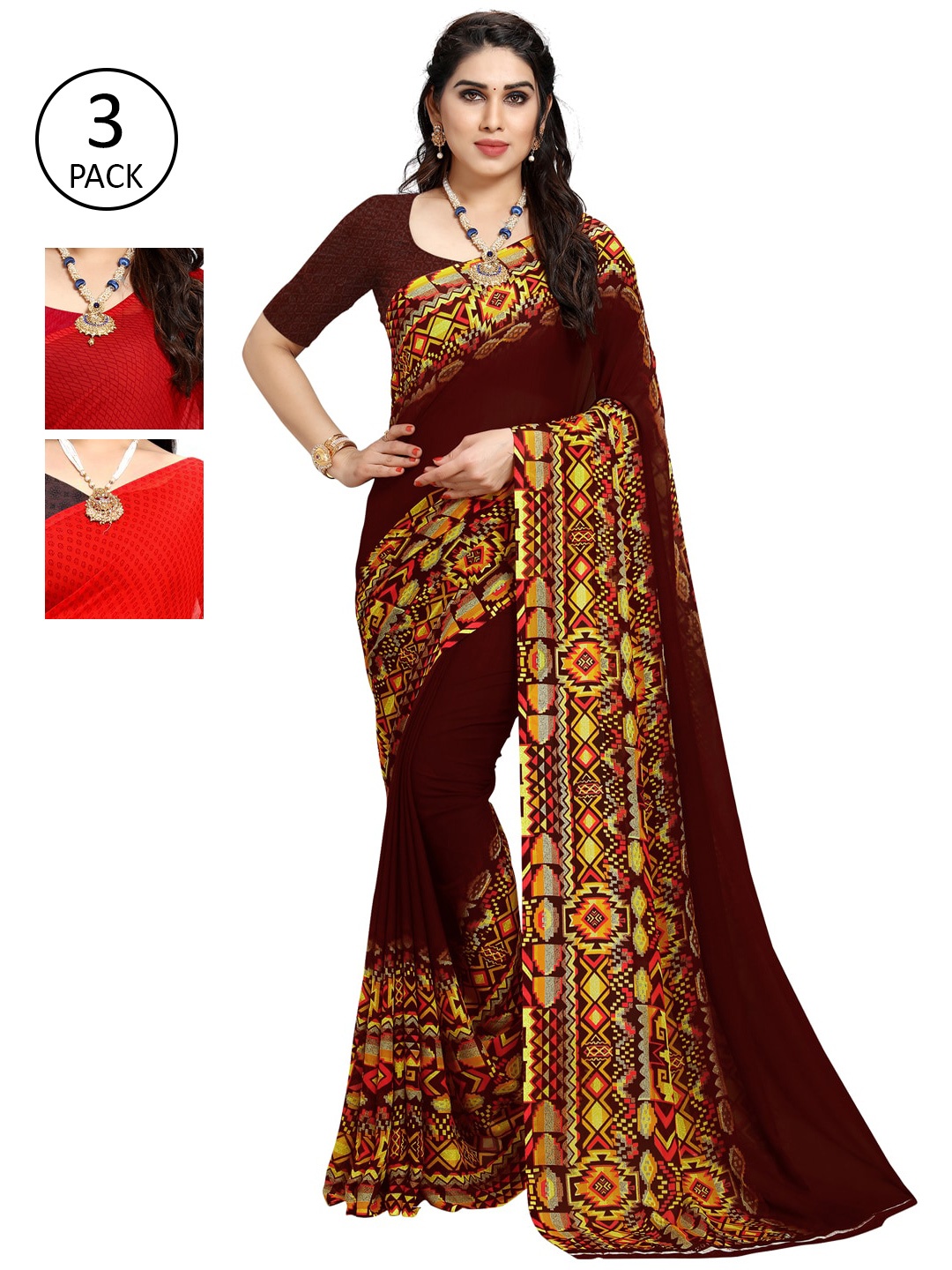 

KALINI Pack of 3 Printed Saree, Red