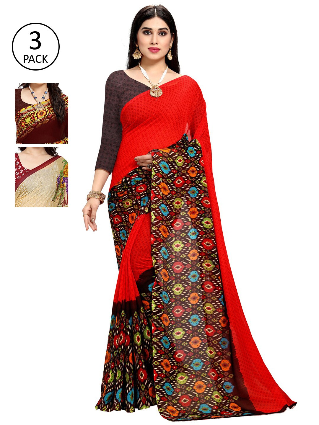 

KALINI Pack Of 3 Red & Yellow Saree