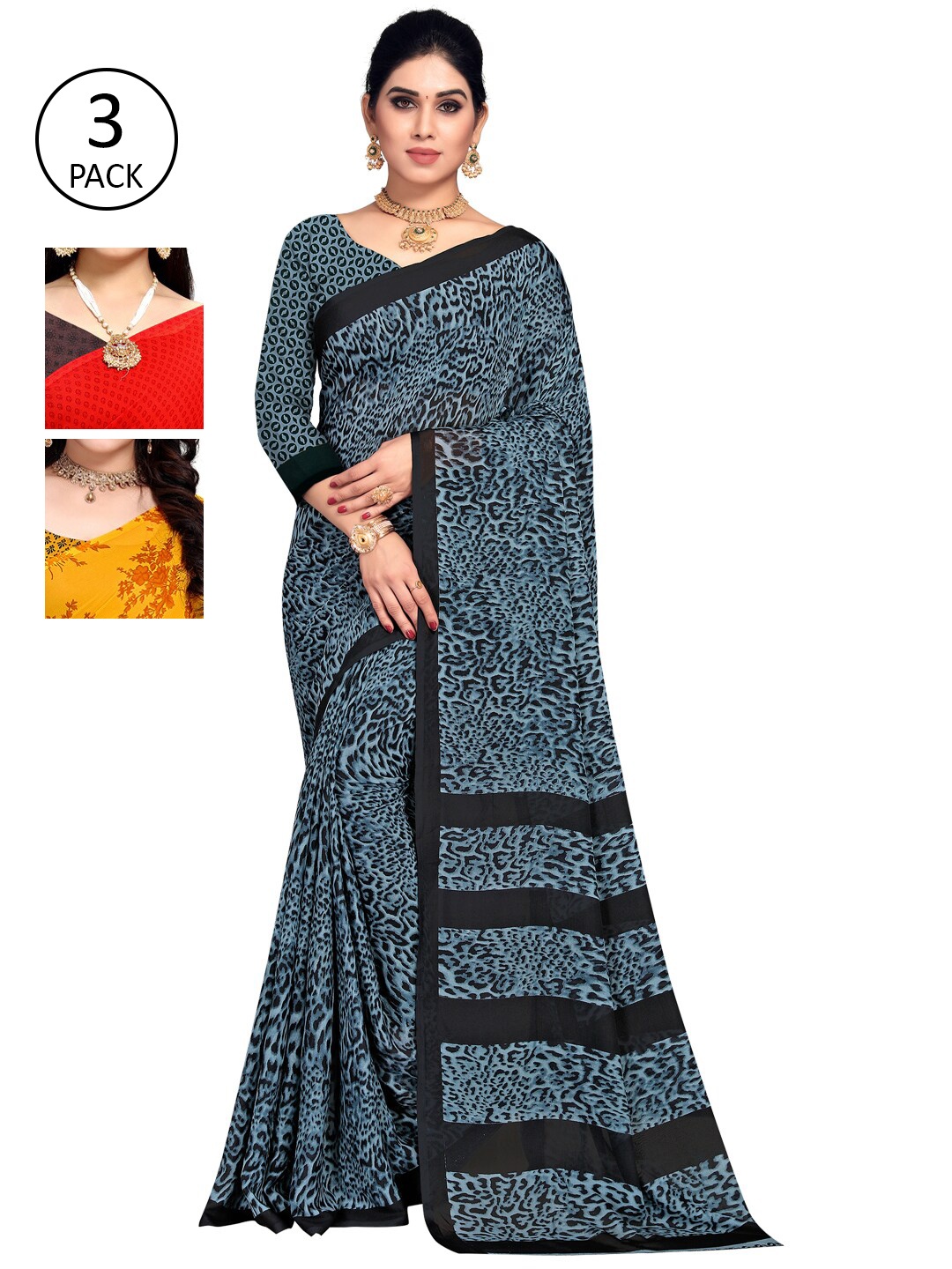 

KALINI Pack Of 3 Printed Sarees, Grey