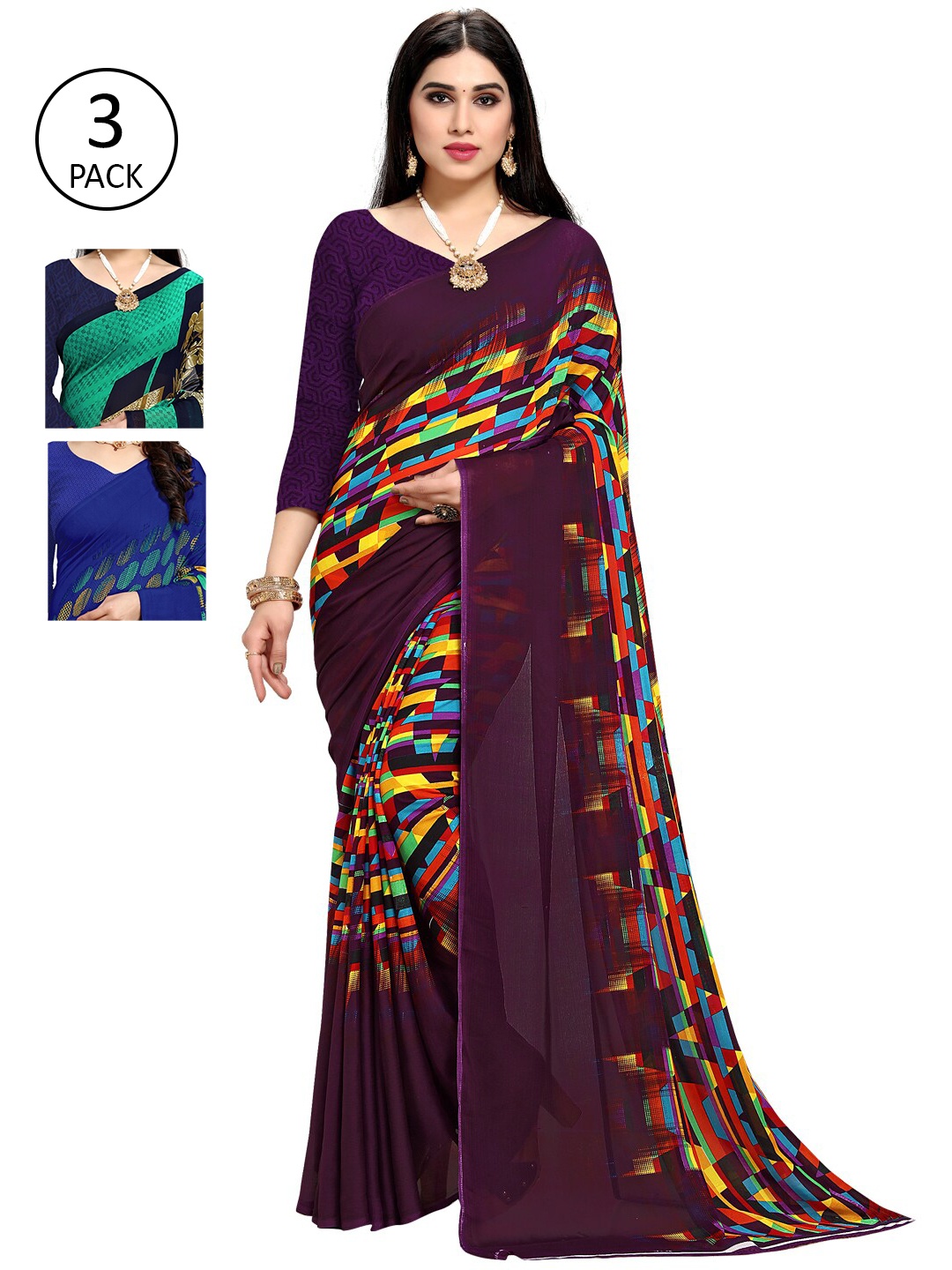 

KALINI Pack of 3 Poly Georgette Saree, Blue