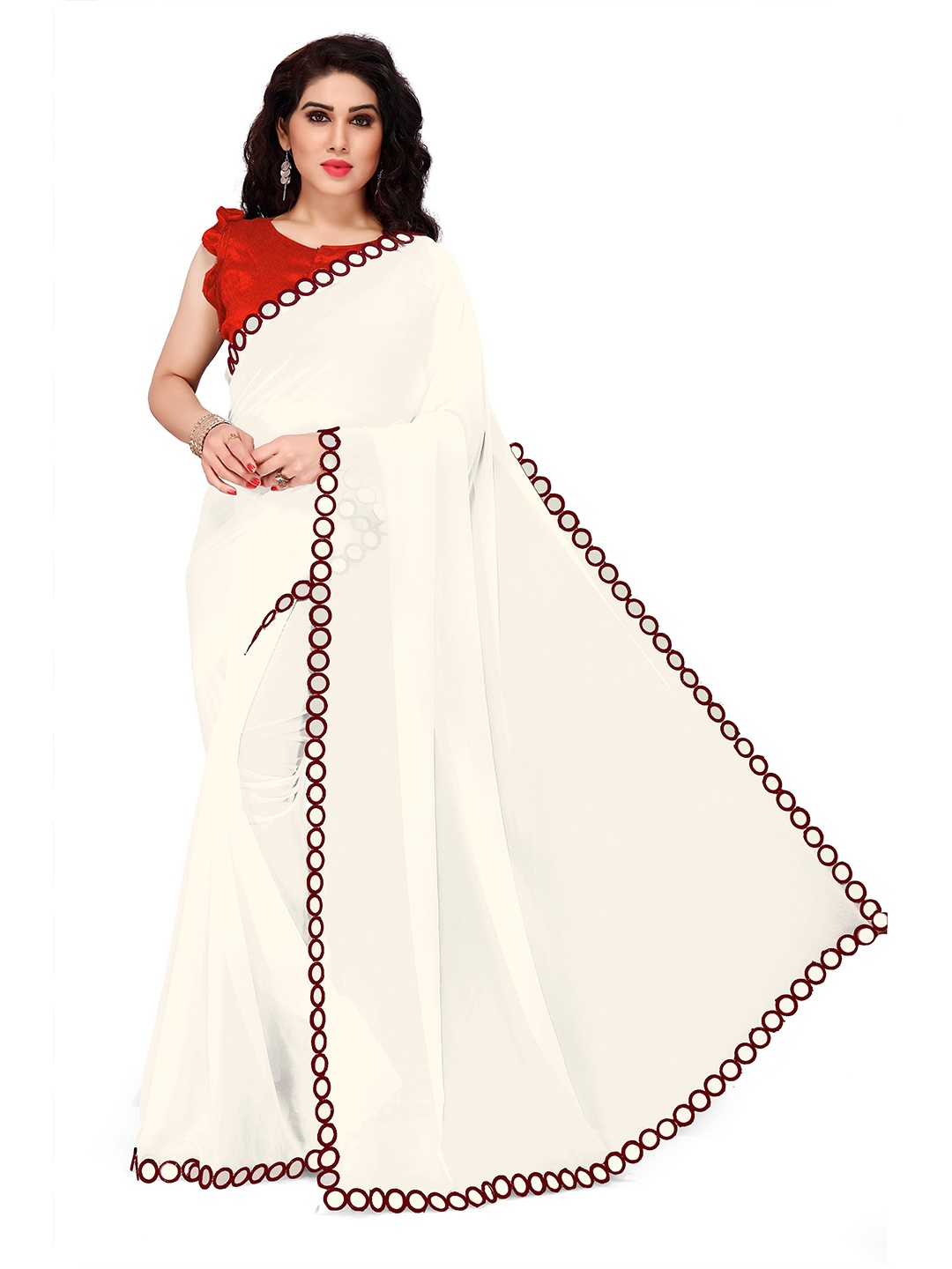

KALINI Women White & Maroon Solid Georgette Saree